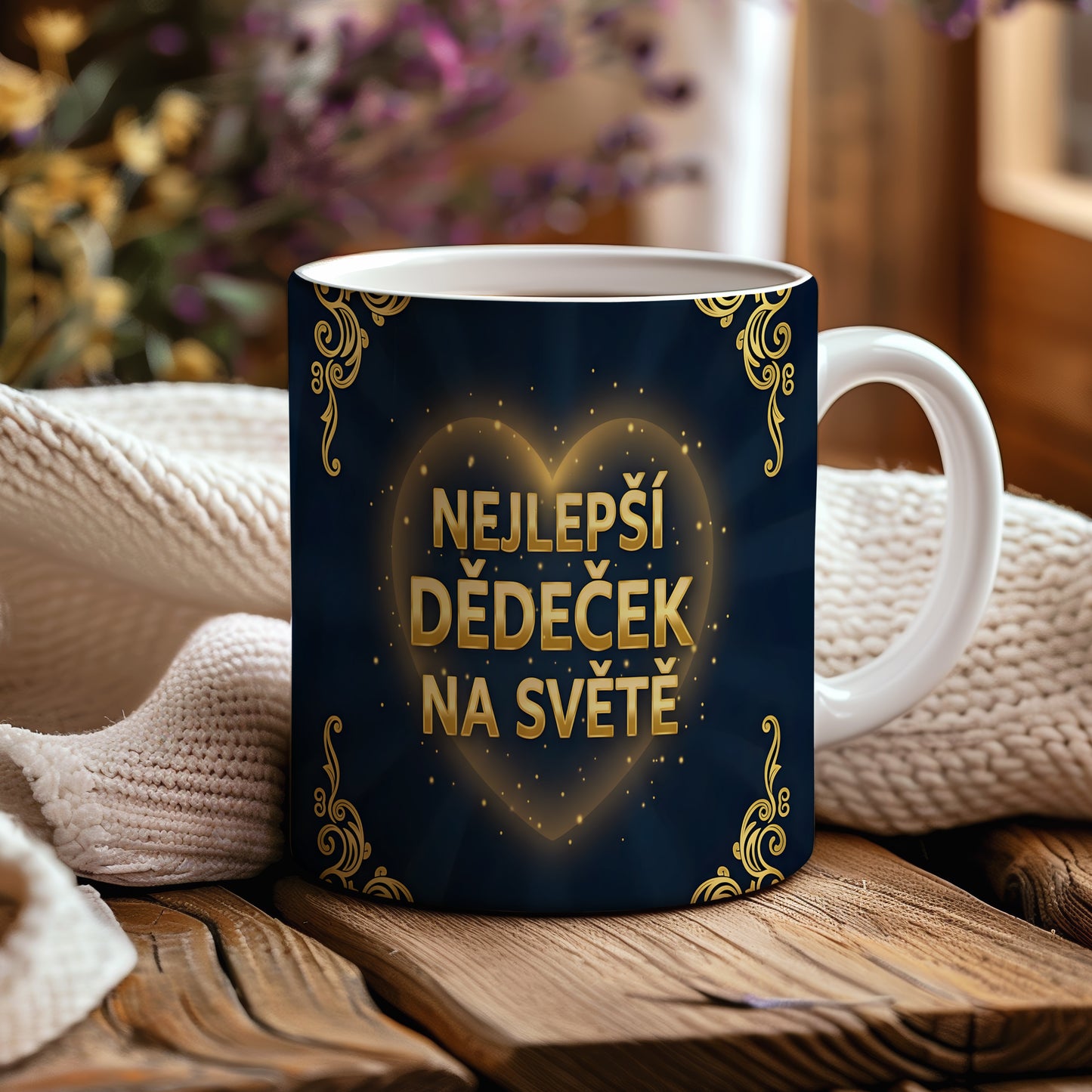 Hrnek s nápisem NEJLEPŠÍ DĚDEČEK NA SVĚTĚ a zlatými ornamenty.