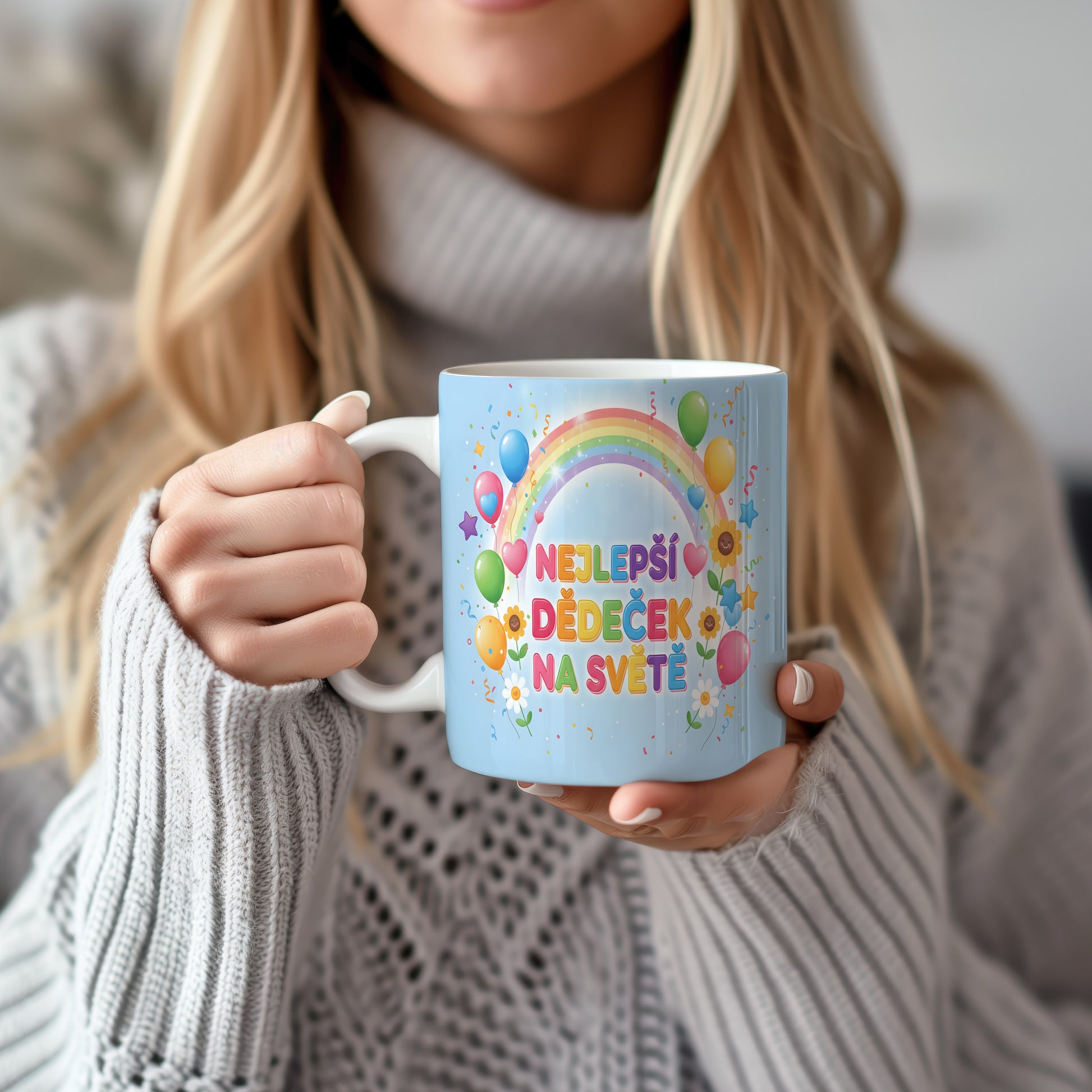 Hrnek s nápisem NEJLEPŠÍ DĚDEČEK NA SVĚTĚ, duhou a balónky.