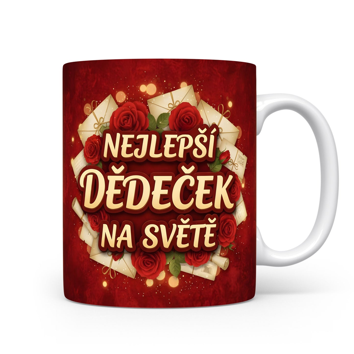 Červený hrnek s růžemi a nápisem NEJLEPŠÍ DĚDEČEK NA SVĚTĚ.
