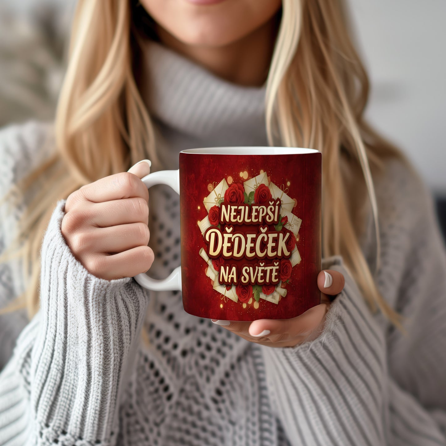 Červený hrnek s růžemi a nápisem NEJLEPŠÍ DĚDEČEK NA SVĚTĚ.