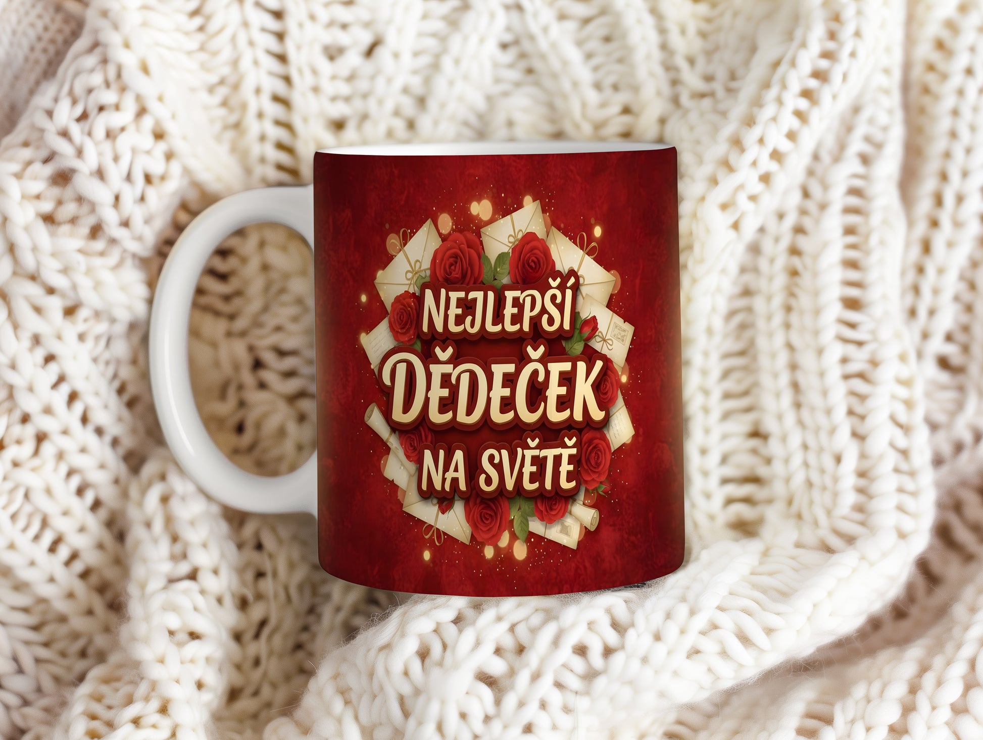 Červený hrnek s růžemi a nápisem NEJLEPŠÍ DĚDEČEK NA SVĚTĚ.