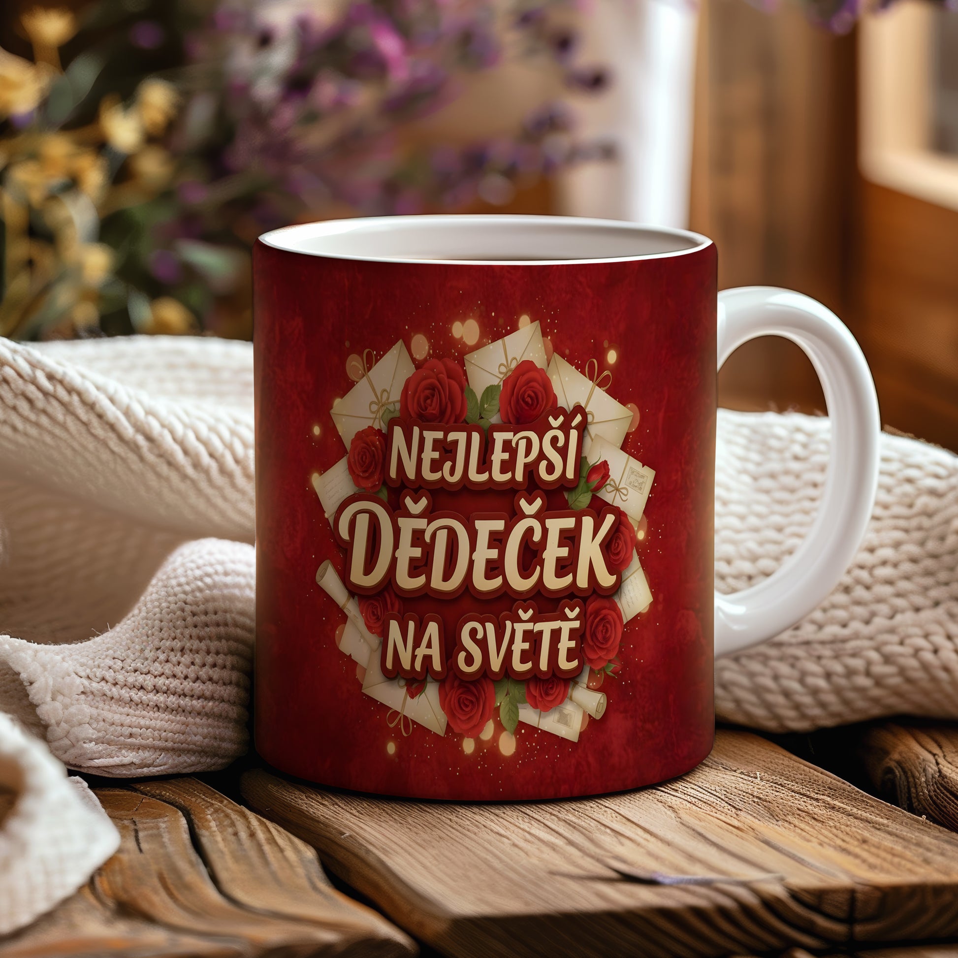 Červený hrnek s růžemi a nápisem NEJLEPŠÍ DĚDEČEK NA SVĚTĚ.