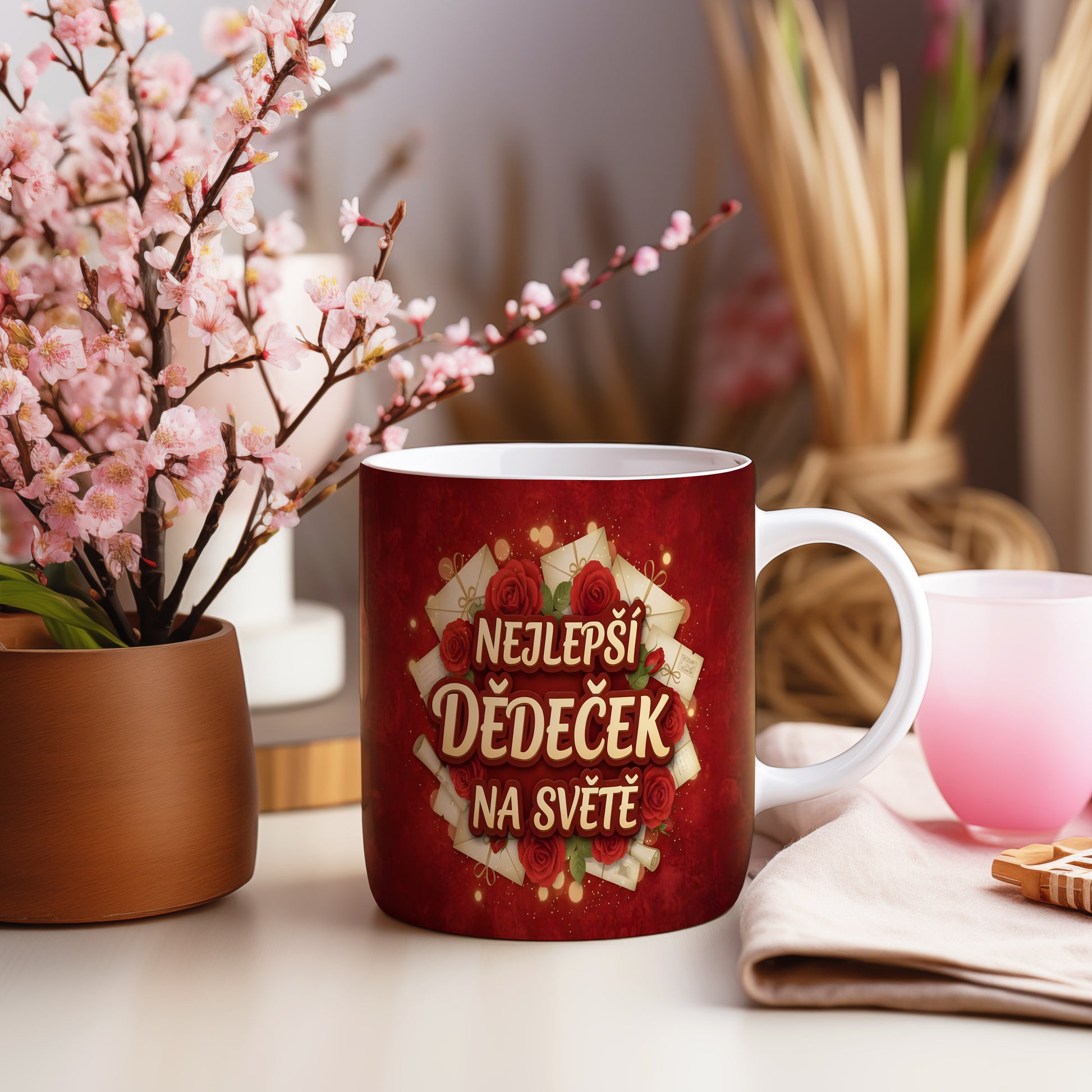 Červený hrnek s růžemi a nápisem NEJLEPŠÍ DĚDEČEK NA SVĚTĚ.