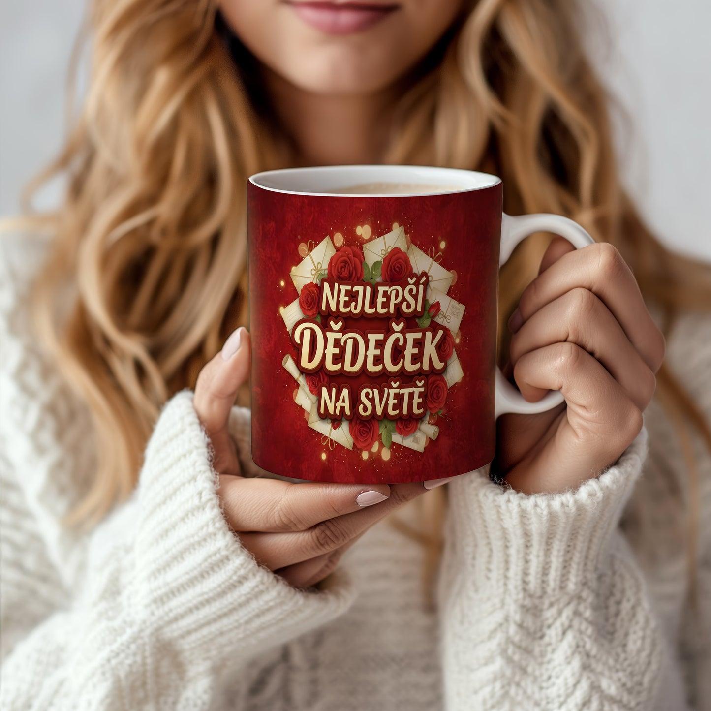 Červený hrnek s růžemi a nápisem NEJLEPŠÍ DĚDEČEK NA SVĚTĚ.