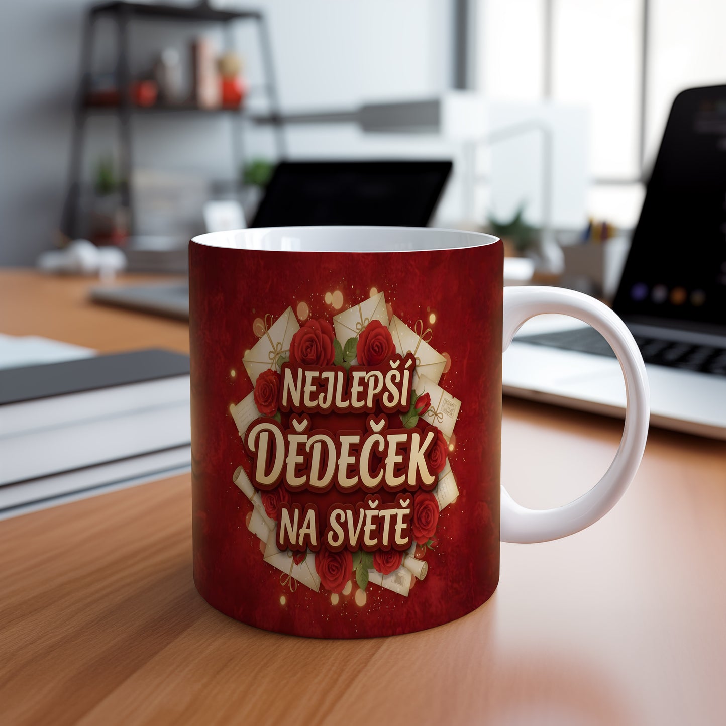 Červený hrnek s růžemi a nápisem NEJLEPŠÍ DĚDEČEK NA SVĚTĚ.