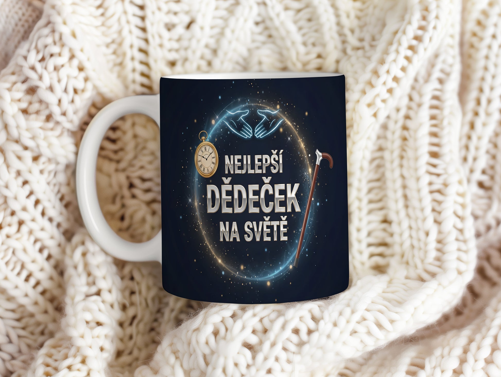 Tmavě modrý hrnek s nápisem NEJLEPŠÍ DĚDEČEK NA SVĚTĚ a dekoracemi.