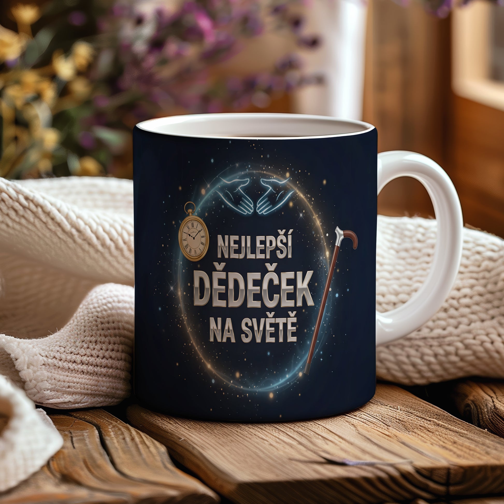 Tmavě modrý hrnek s nápisem NEJLEPŠÍ DĚDEČEK NA SVĚTĚ a dekoracemi.