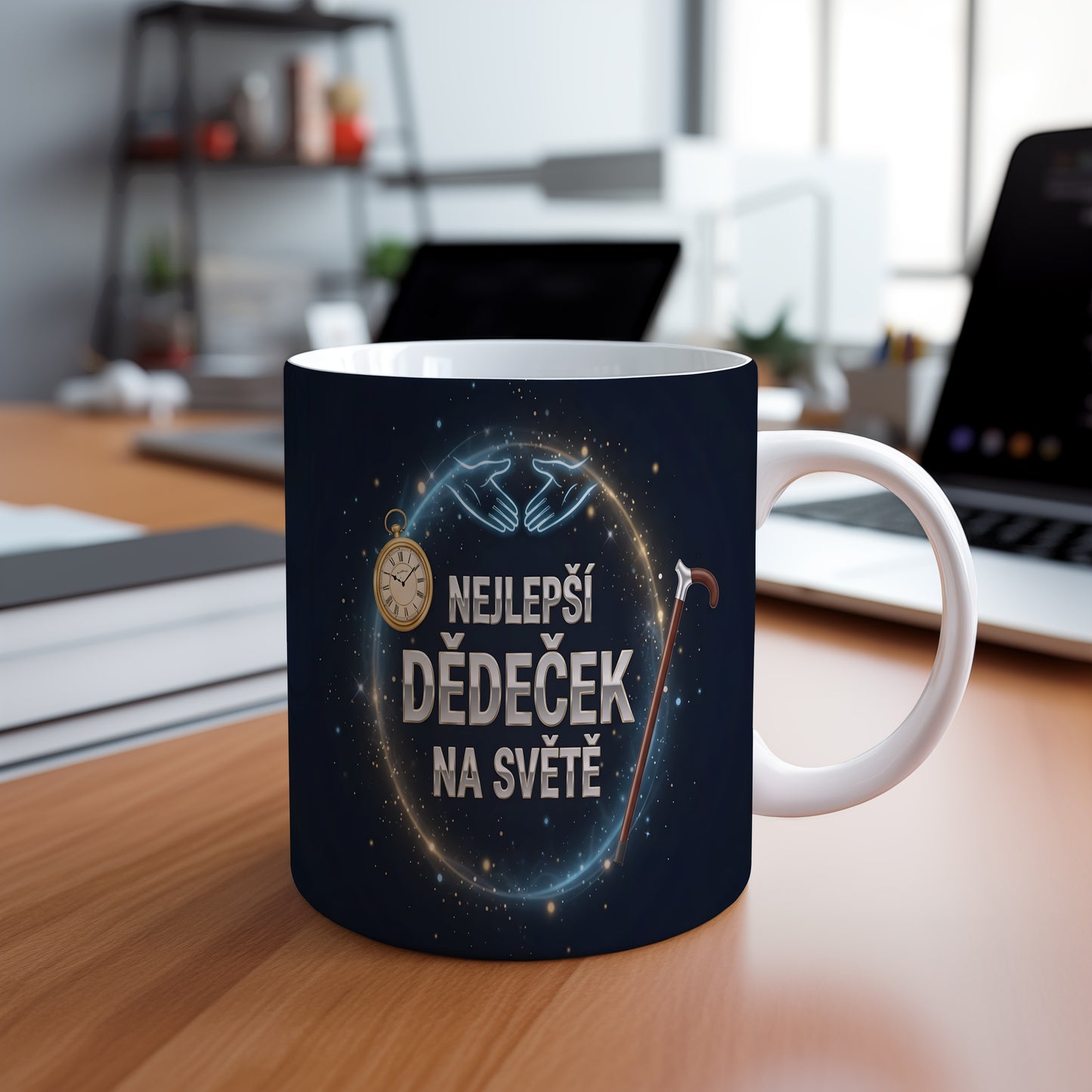 Tmavě modrý hrnek s nápisem NEJLEPŠÍ DĚDEČEK NA SVĚTĚ a dekoracemi.