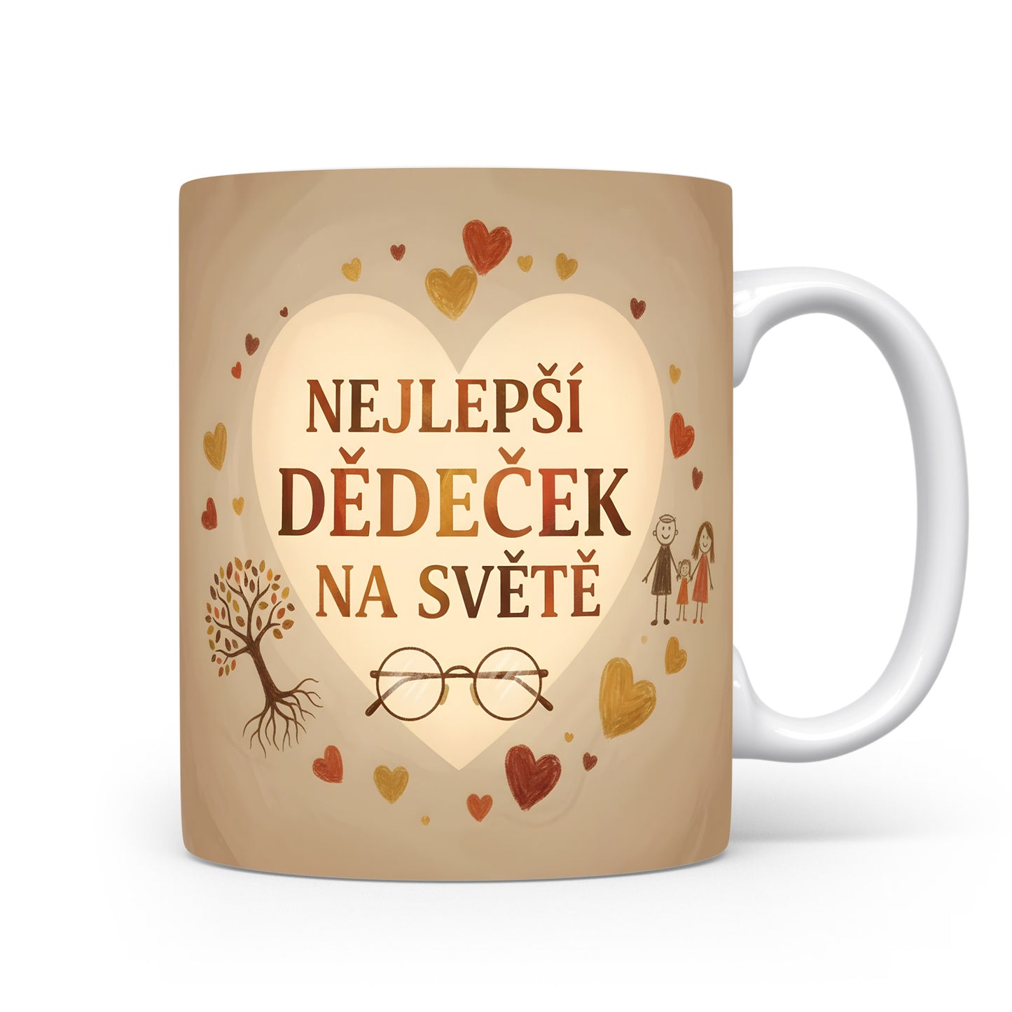 Hrnek s nápisem NEJLEPŠÍ DĚDEČEK NA SVĚTĚ s akvarelovým pozadím a motivy srdcí.