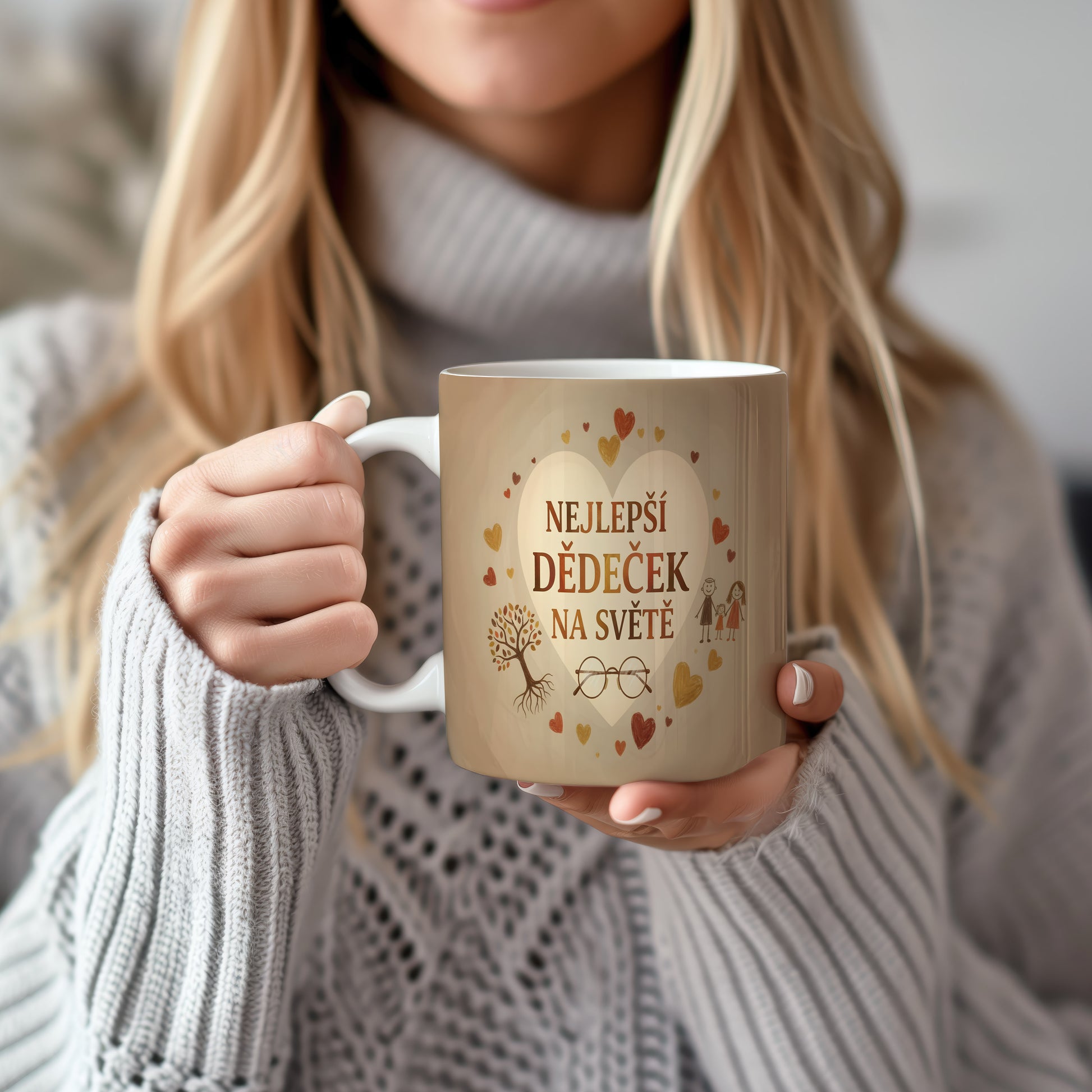 Hrnek s nápisem NEJLEPŠÍ DĚDEČEK NA SVĚTĚ s akvarelovým pozadím a motivy srdcí.