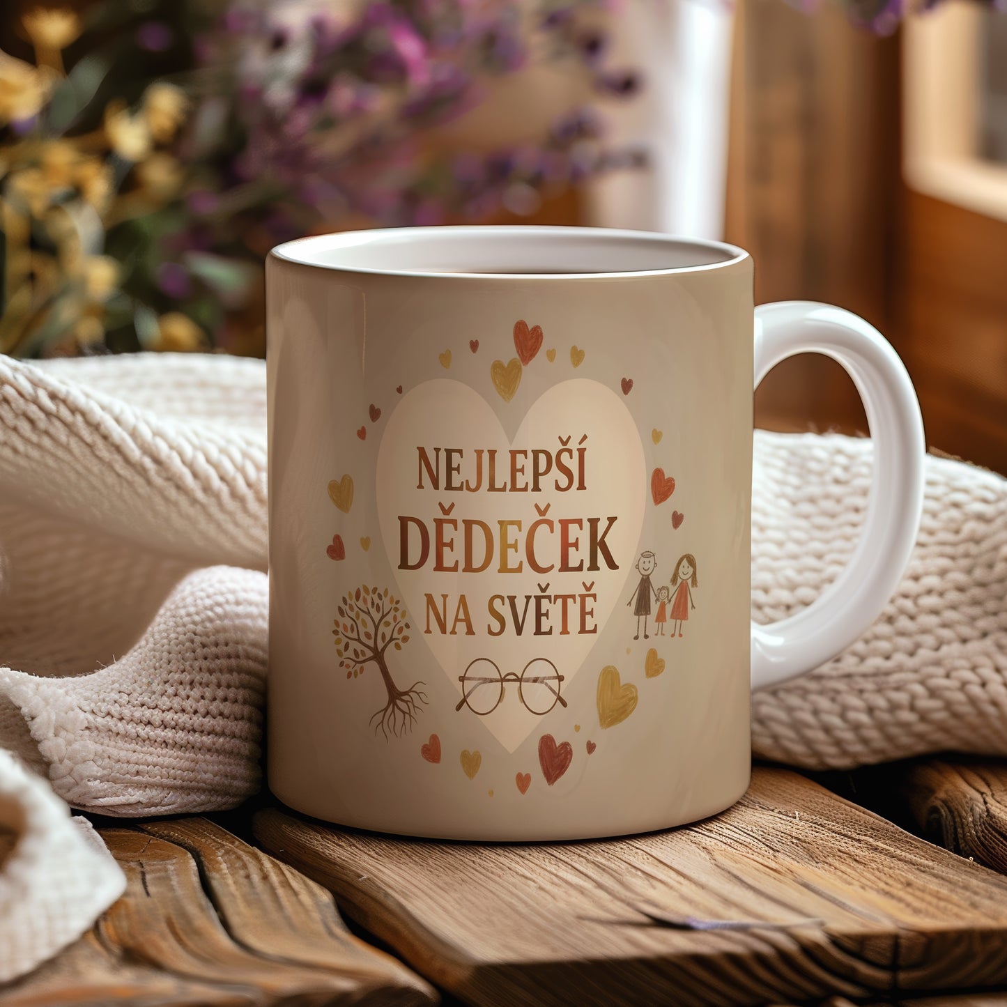 Hrnek s nápisem NEJLEPŠÍ DĚDEČEK NA SVĚTĚ s akvarelovým pozadím a motivy srdcí.