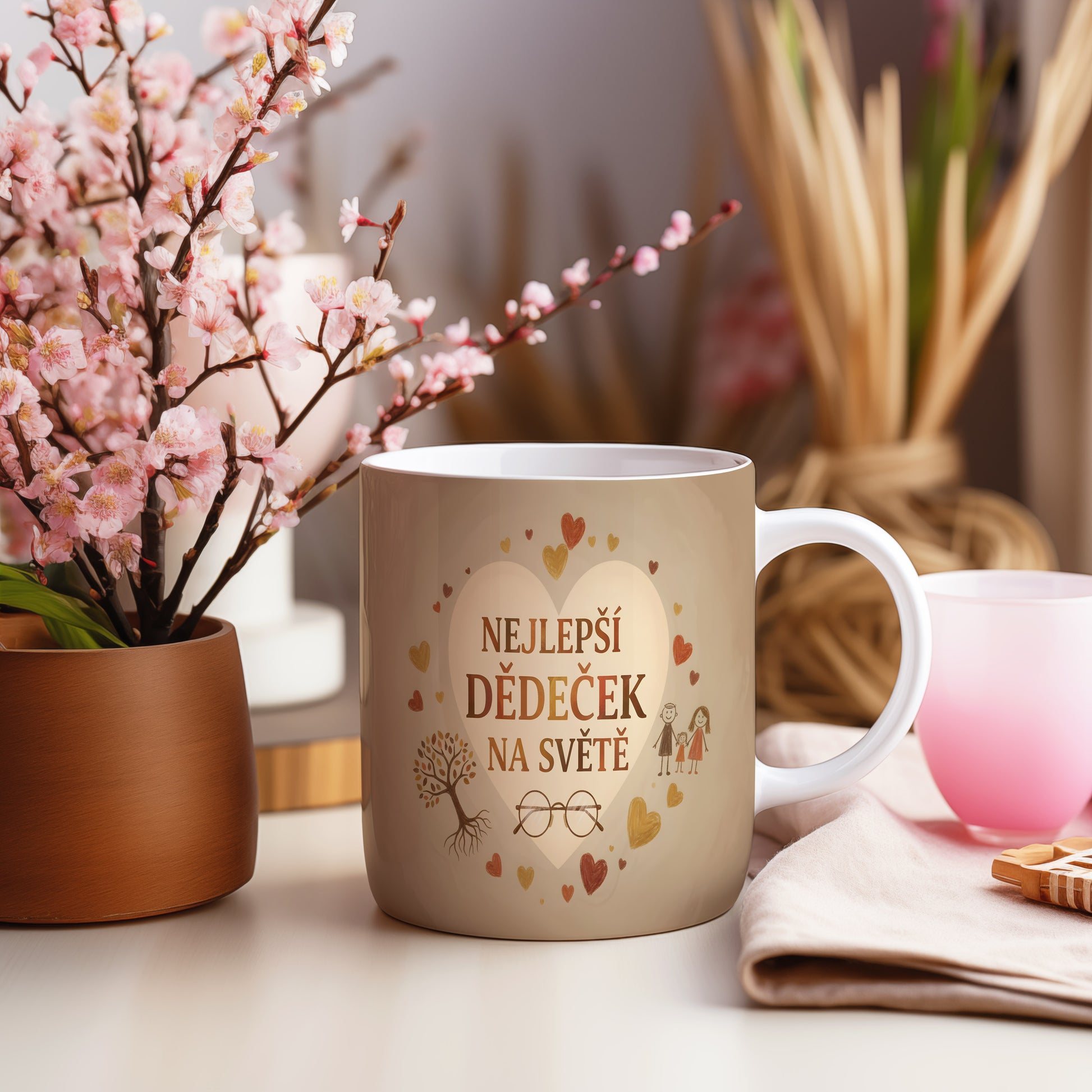 Hrnek s nápisem NEJLEPŠÍ DĚDEČEK NA SVĚTĚ s akvarelovým pozadím a motivy srdcí.
