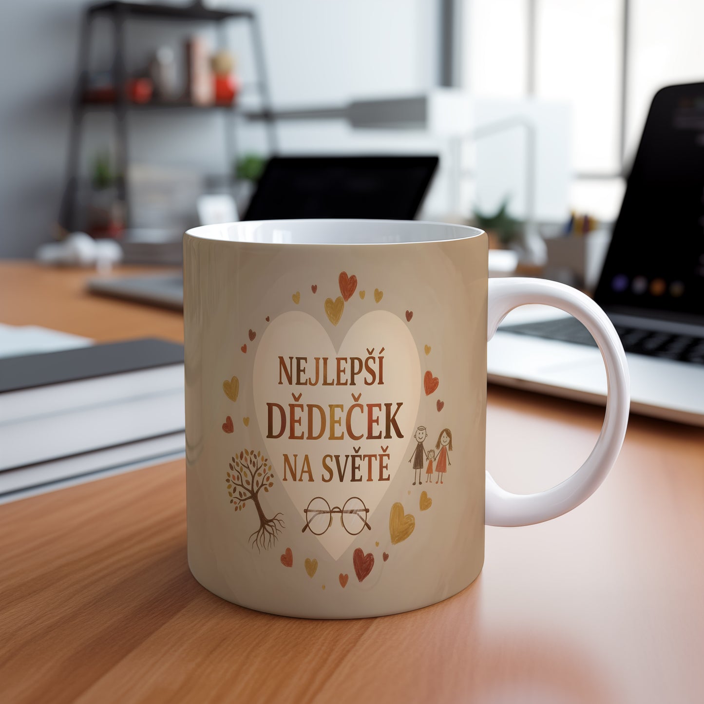 Hrnek s nápisem NEJLEPŠÍ DĚDEČEK NA SVĚTĚ s akvarelovým pozadím a motivy srdcí.