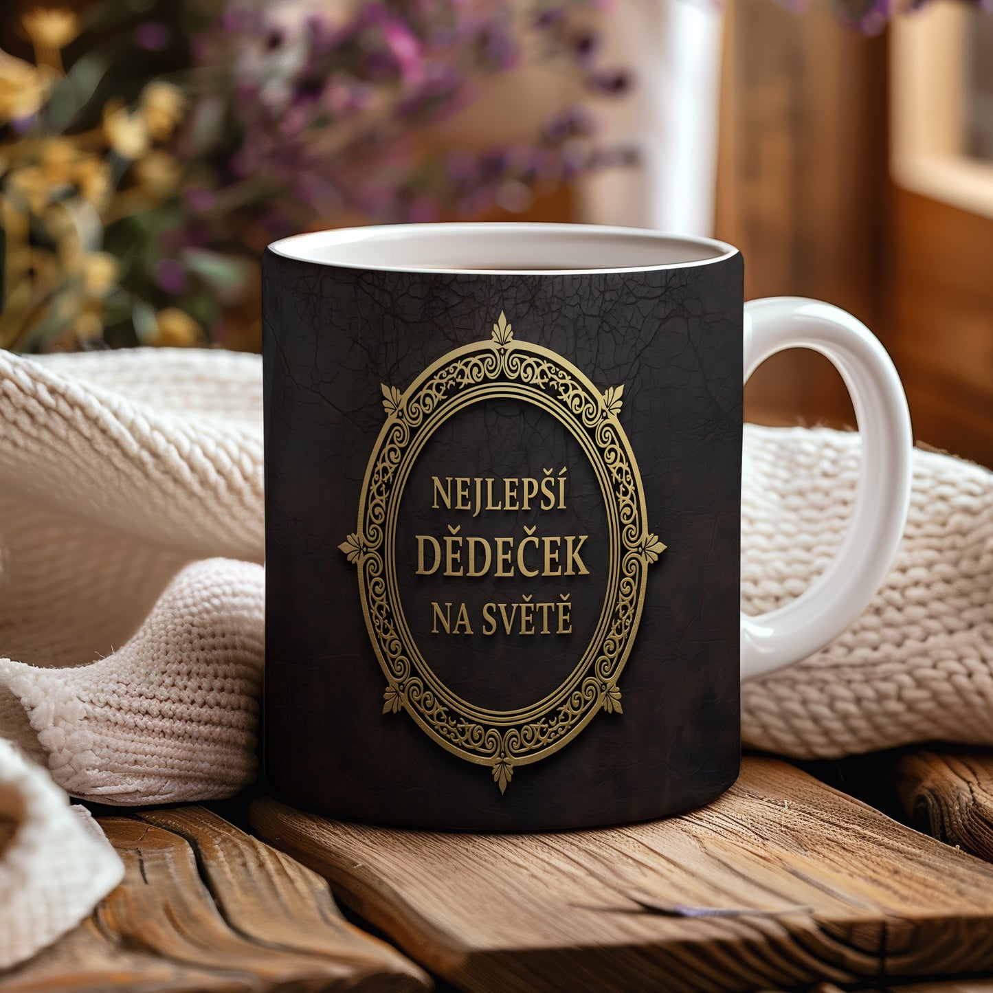 Hrnek s nápisem 'NEJLEPŠÍ DĚDEČEK NA SVĚTĚ' se zlatými ornamenty na černém pozadí.