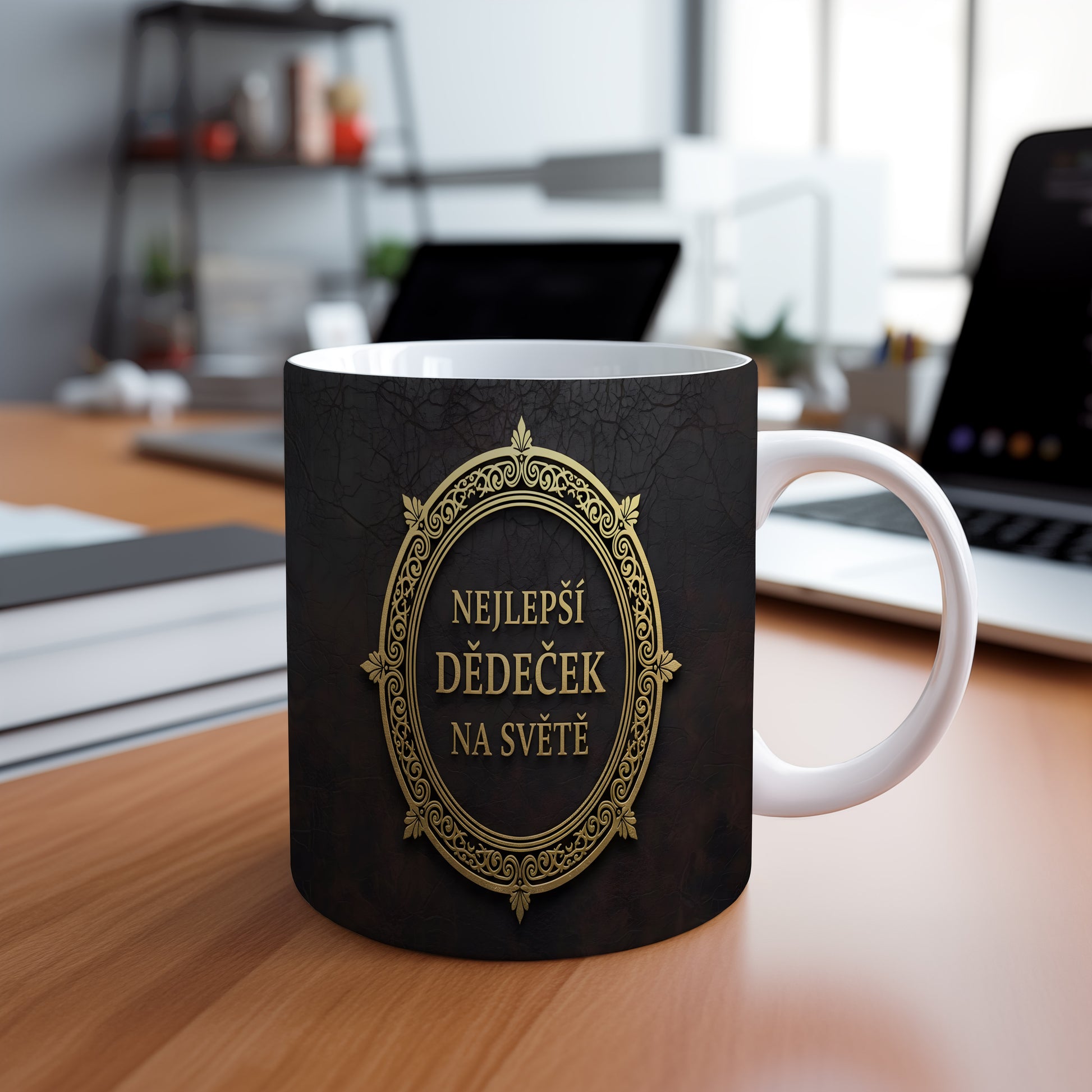 Hrnek s nápisem 'NEJLEPŠÍ DĚDEČEK NA SVĚTĚ' se zlatými ornamenty na černém pozadí.