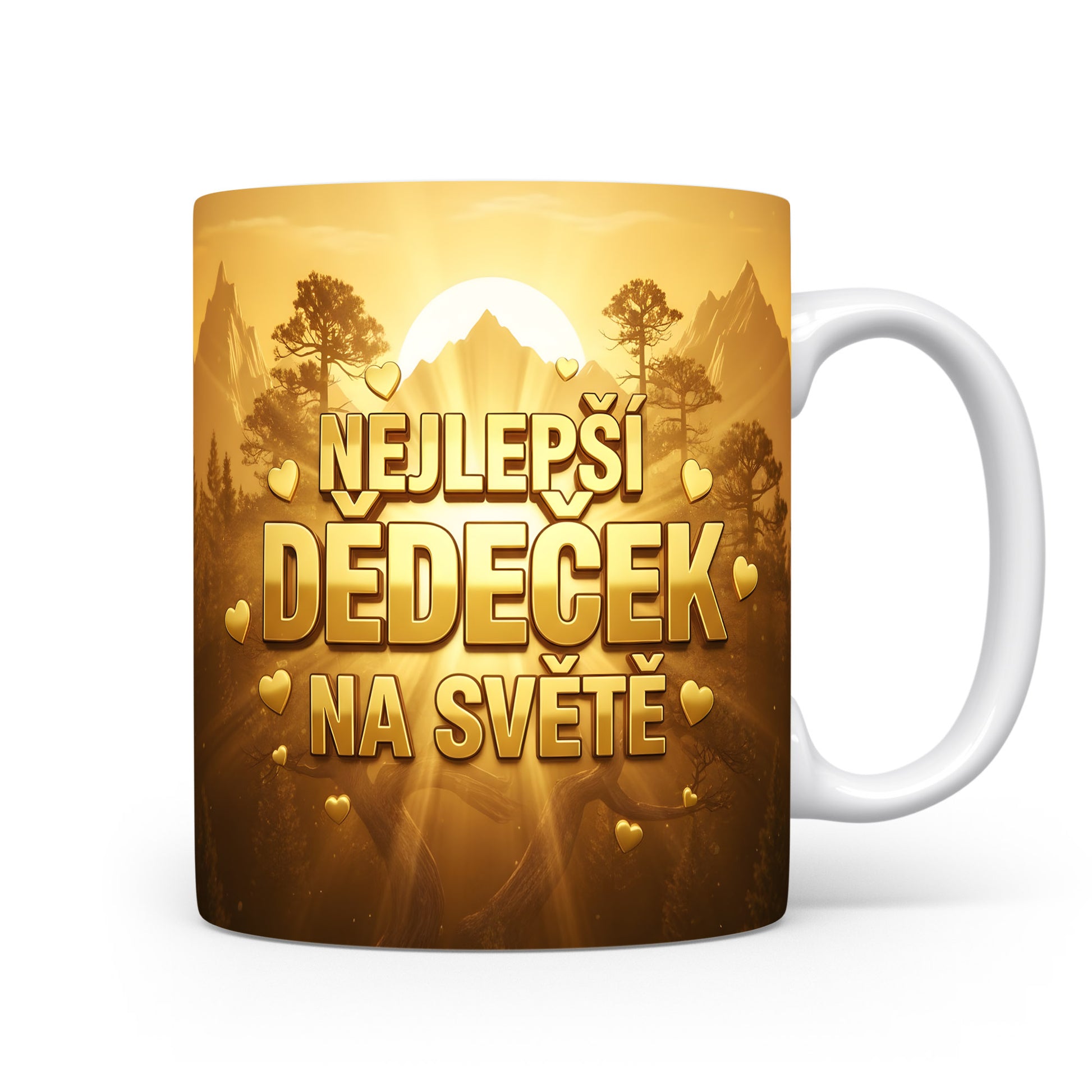 Hrnek se zlatou krajinou a nápisem NEJLEPŠÍ DĚDEČEK NA SVĚTĚ.