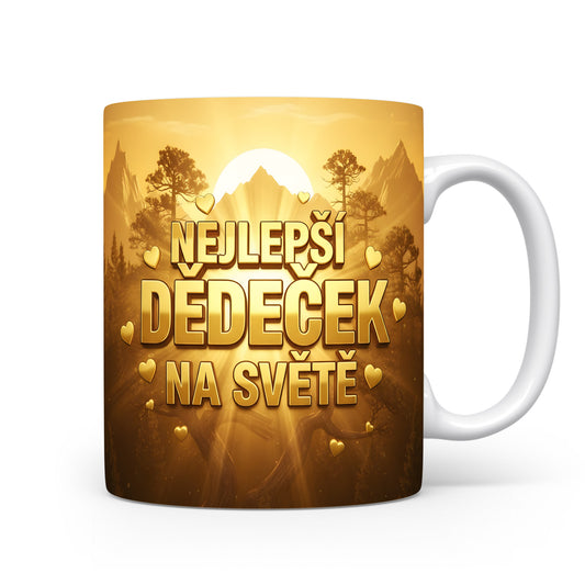 Hrnek se zlatou krajinou a nápisem NEJLEPŠÍ DĚDEČEK NA SVĚTĚ.