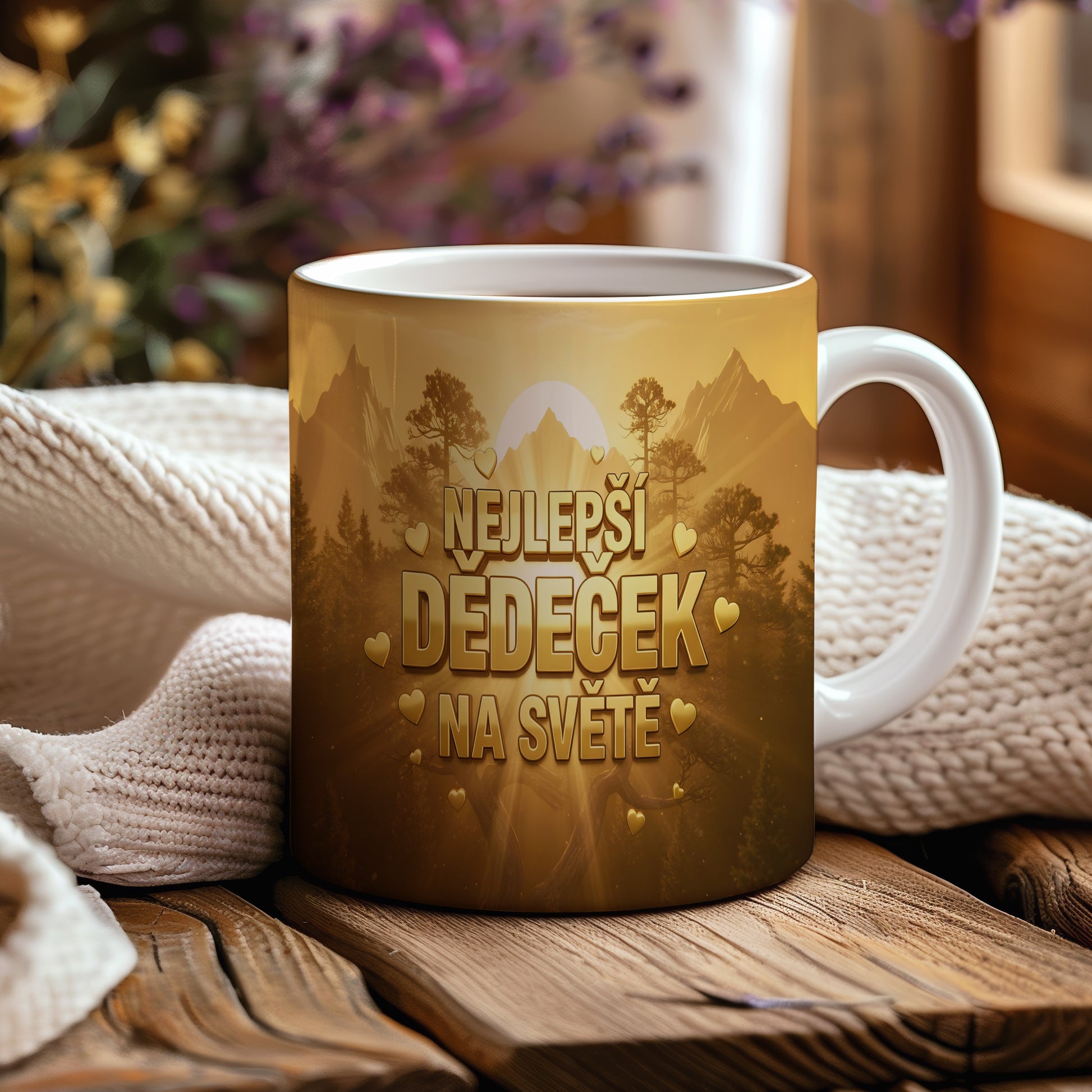 Hrnek se zlatou krajinou a nápisem NEJLEPŠÍ DĚDEČEK NA SVĚTĚ.