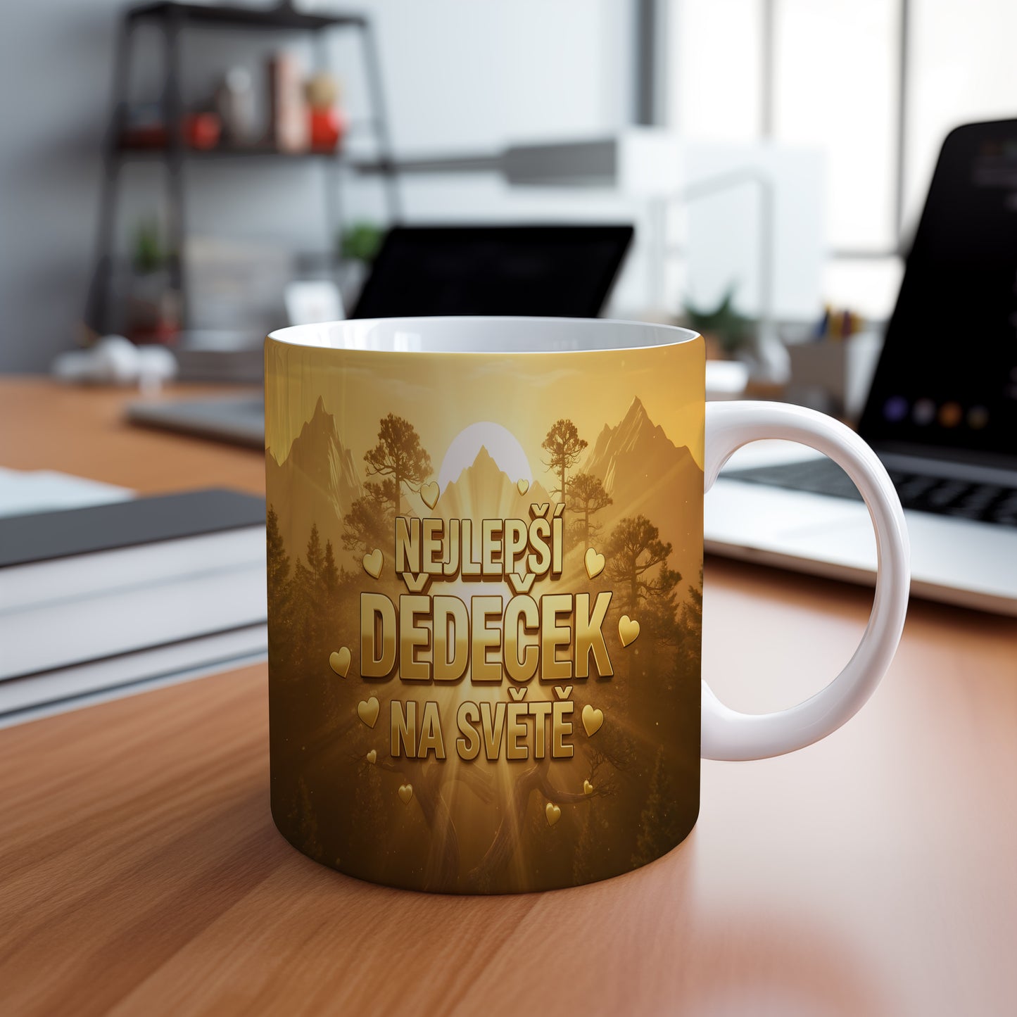 Hrnek se zlatou krajinou a nápisem NEJLEPŠÍ DĚDEČEK NA SVĚTĚ.