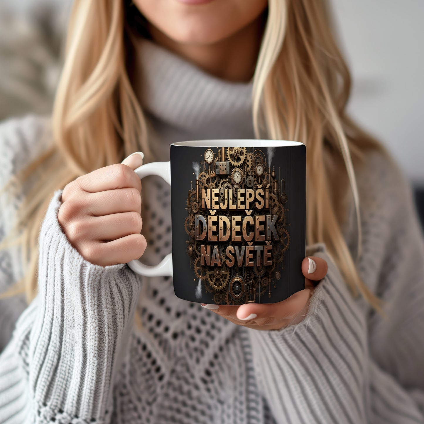 Hrnek s nápisem 'NEJLEPŠÍ DĚDEČEK NA SVĚTĚ' a vintage ozubenými koly.