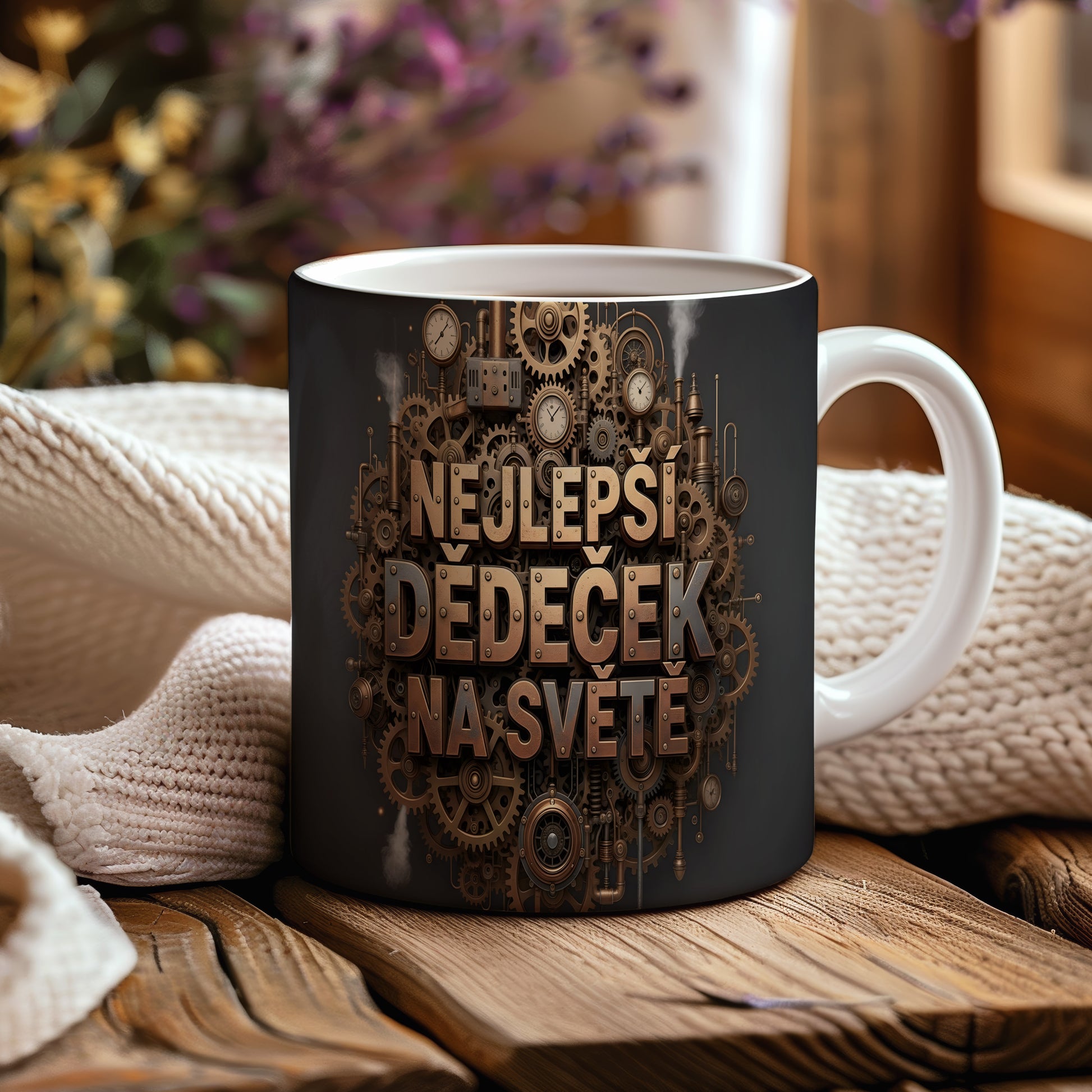 Hrnek s nápisem 'NEJLEPŠÍ DĚDEČEK NA SVĚTĚ' a vintage ozubenými koly.