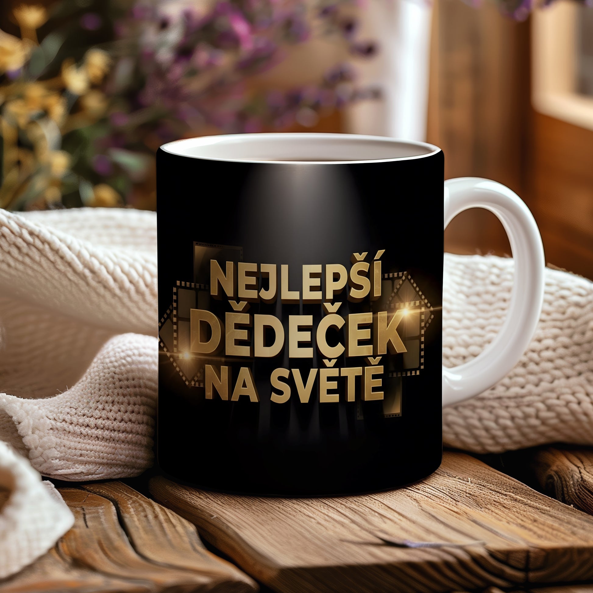 Černý hrnek se zlatým nápisem NEJLEPŠÍ DĚDEČEK NA SVĚTĚ.