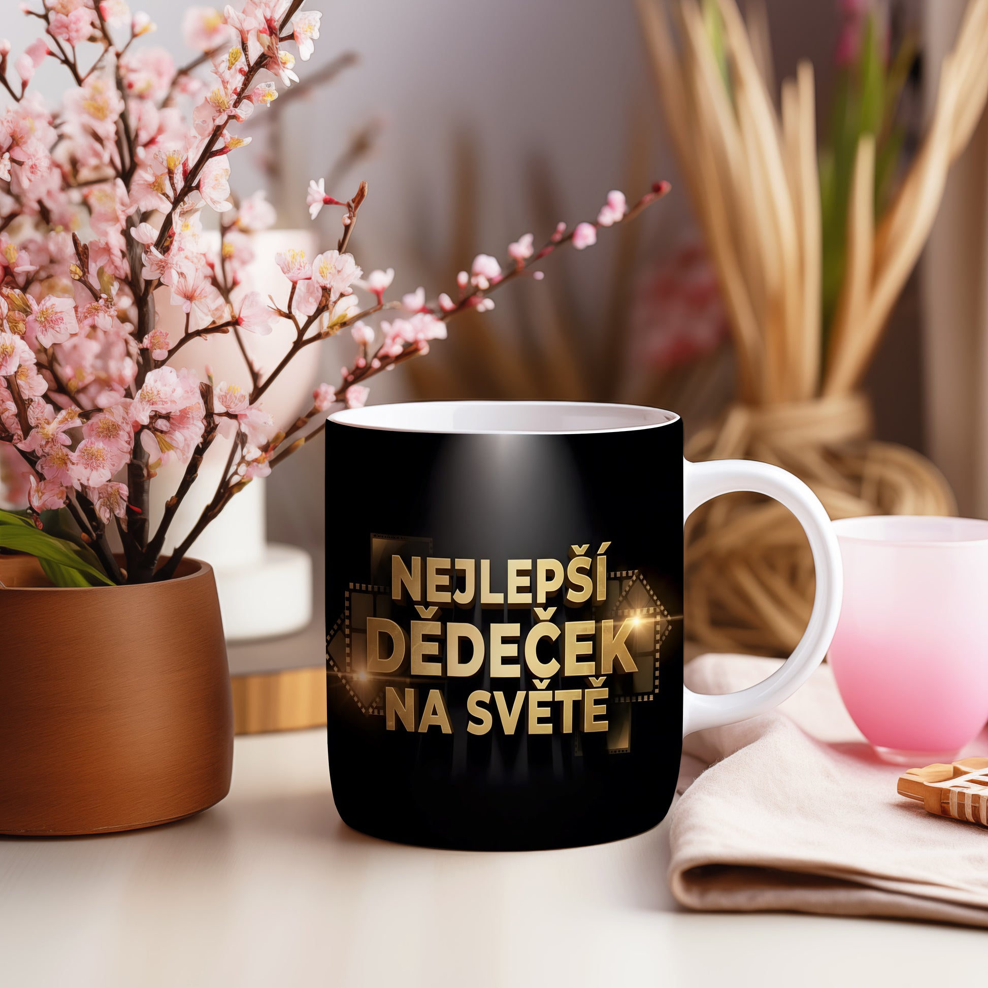 Černý hrnek se zlatým nápisem NEJLEPŠÍ DĚDEČEK NA SVĚTĚ.