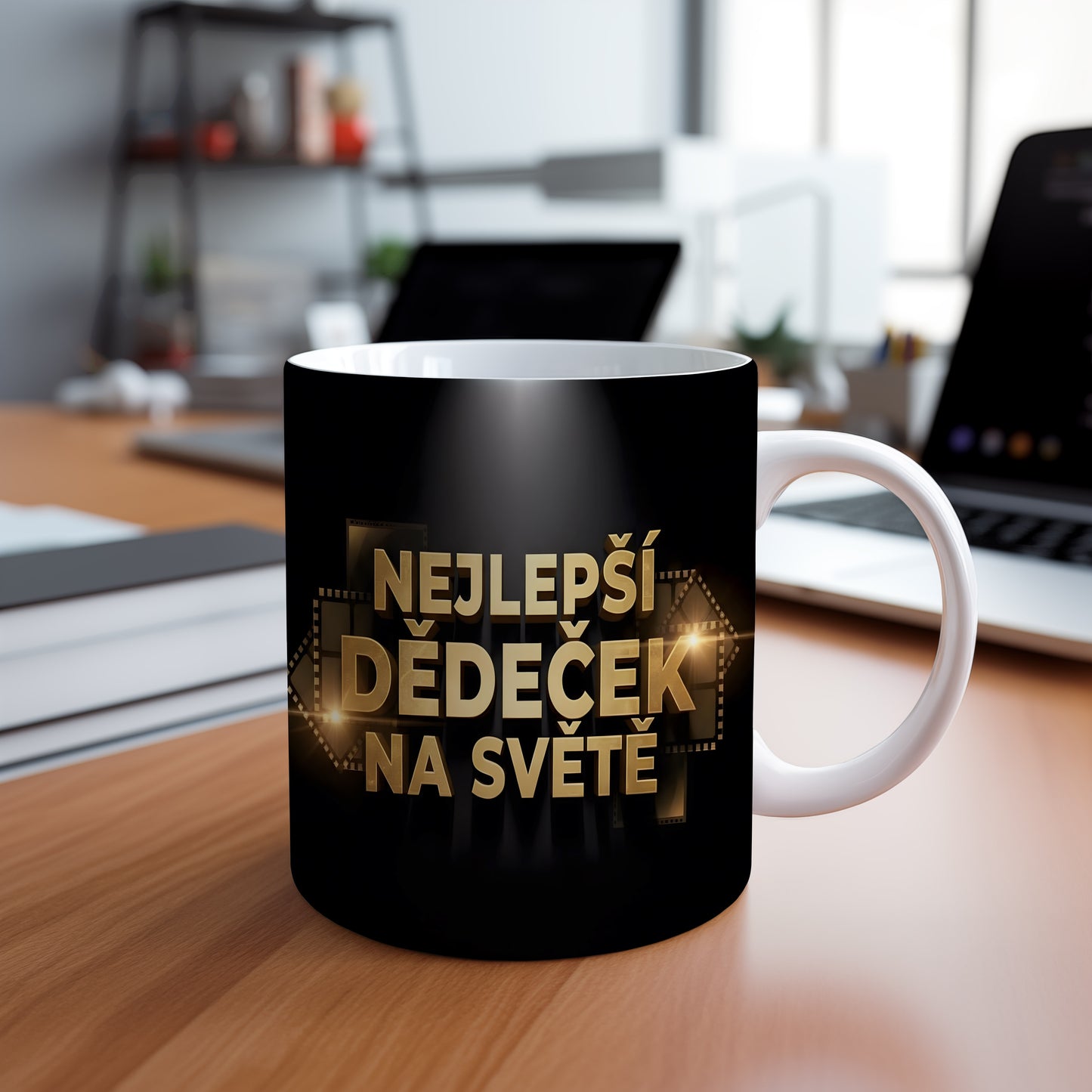 Černý hrnek se zlatým nápisem NEJLEPŠÍ DĚDEČEK NA SVĚTĚ.