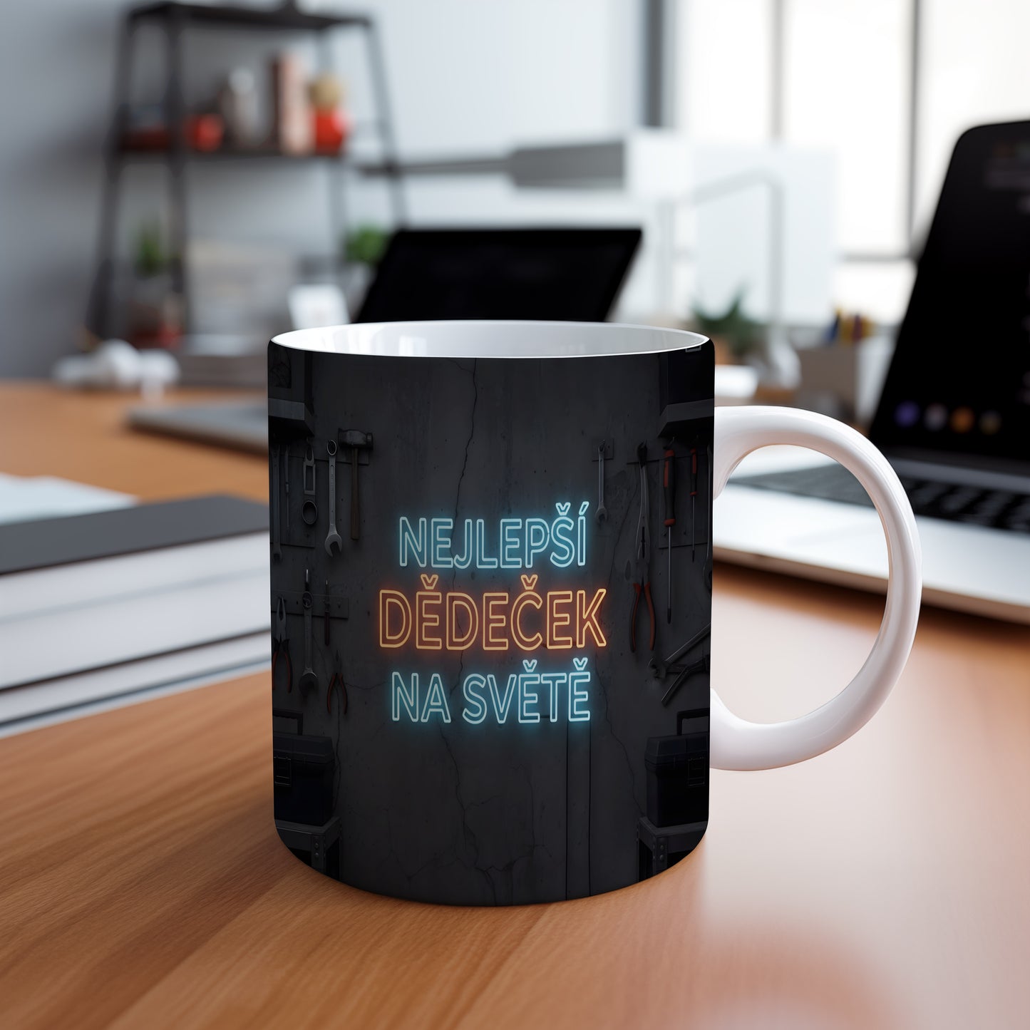 Moderní hrnek s nápisem NEJLEPŠÍ DĚDEČEK NA SVĚTĚ na betonovém pozadí.