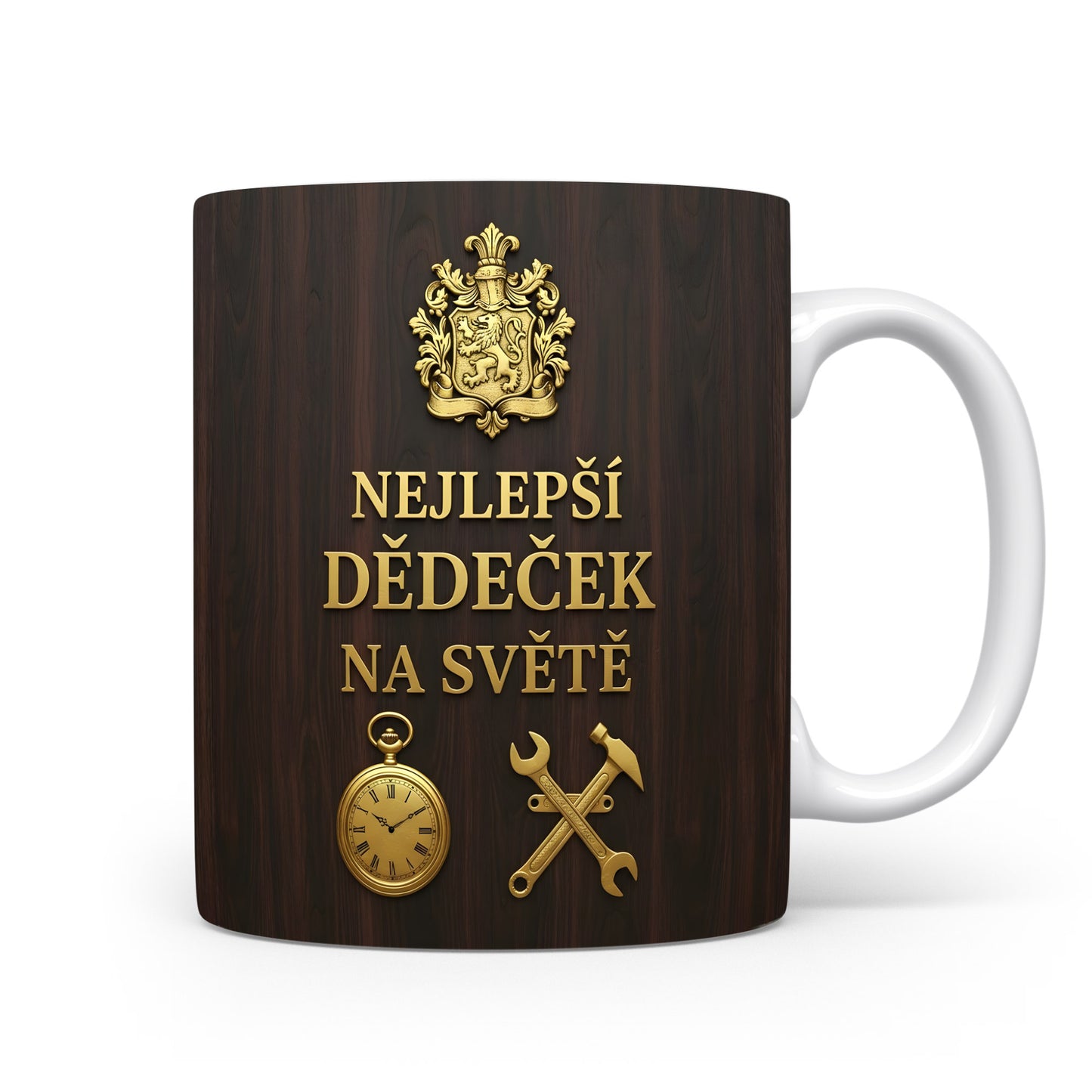 Hrnek s nápisem 'NEJLEPŠÍ DĚDEČEK NA SVĚTĚ' a zlatými vintage motivy.