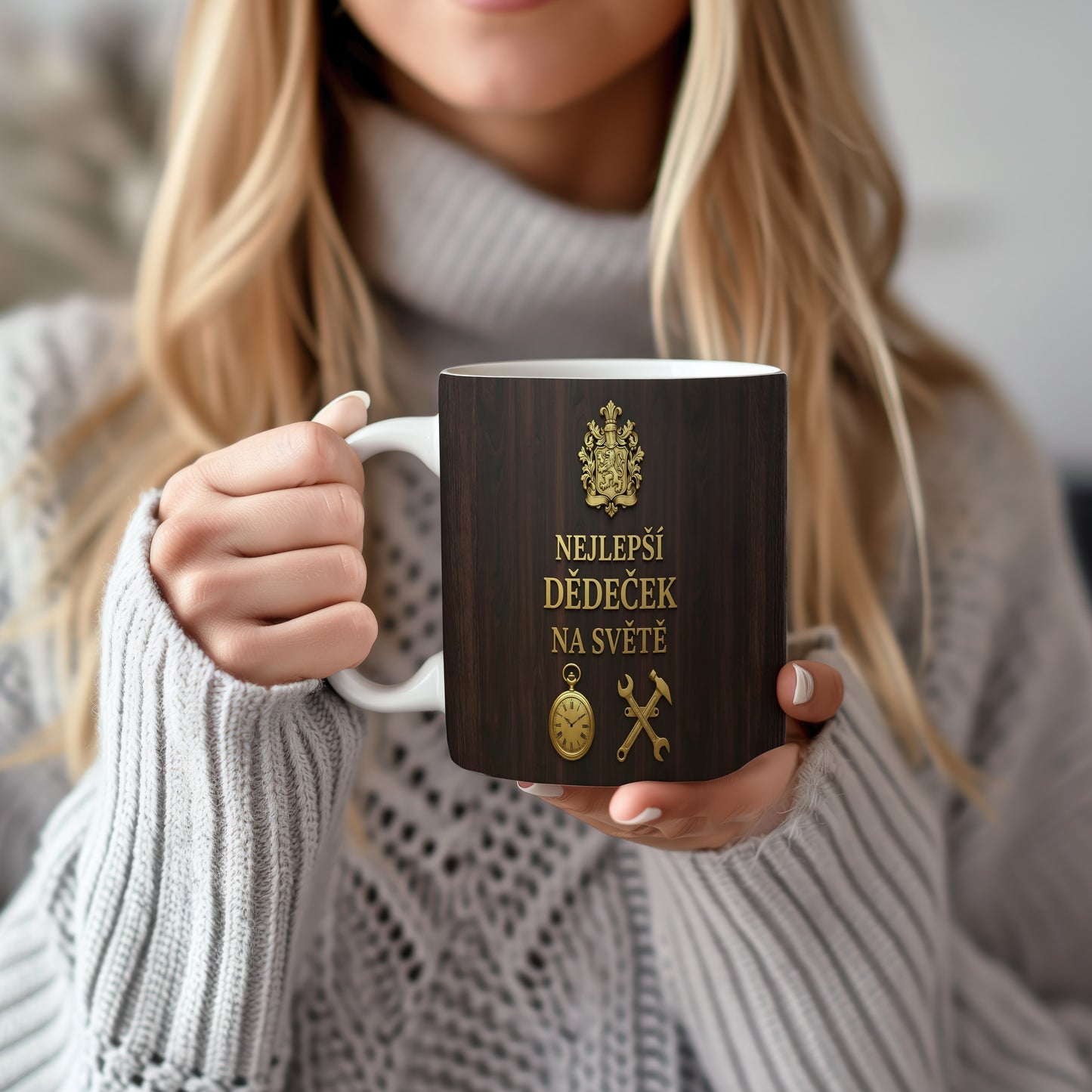 Hrnek s nápisem 'NEJLEPŠÍ DĚDEČEK NA SVĚTĚ' a zlatými vintage motivy.