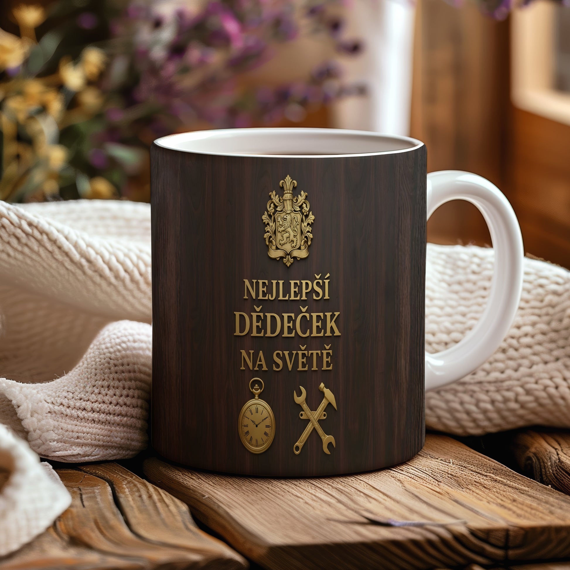 Hrnek s nápisem 'NEJLEPŠÍ DĚDEČEK NA SVĚTĚ' a zlatými vintage motivy.