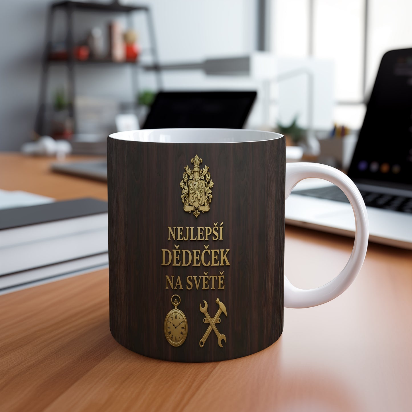 Hrnek s nápisem 'NEJLEPŠÍ DĚDEČEK NA SVĚTĚ' a zlatými vintage motivy.