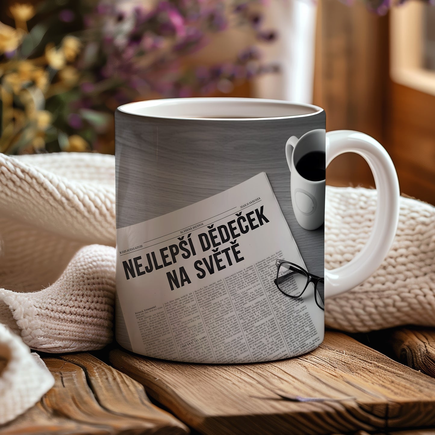 Hrnek s nápisem NEJLEPŠÍ DĚDEČEK NA SVĚTĚ a motivem novin.