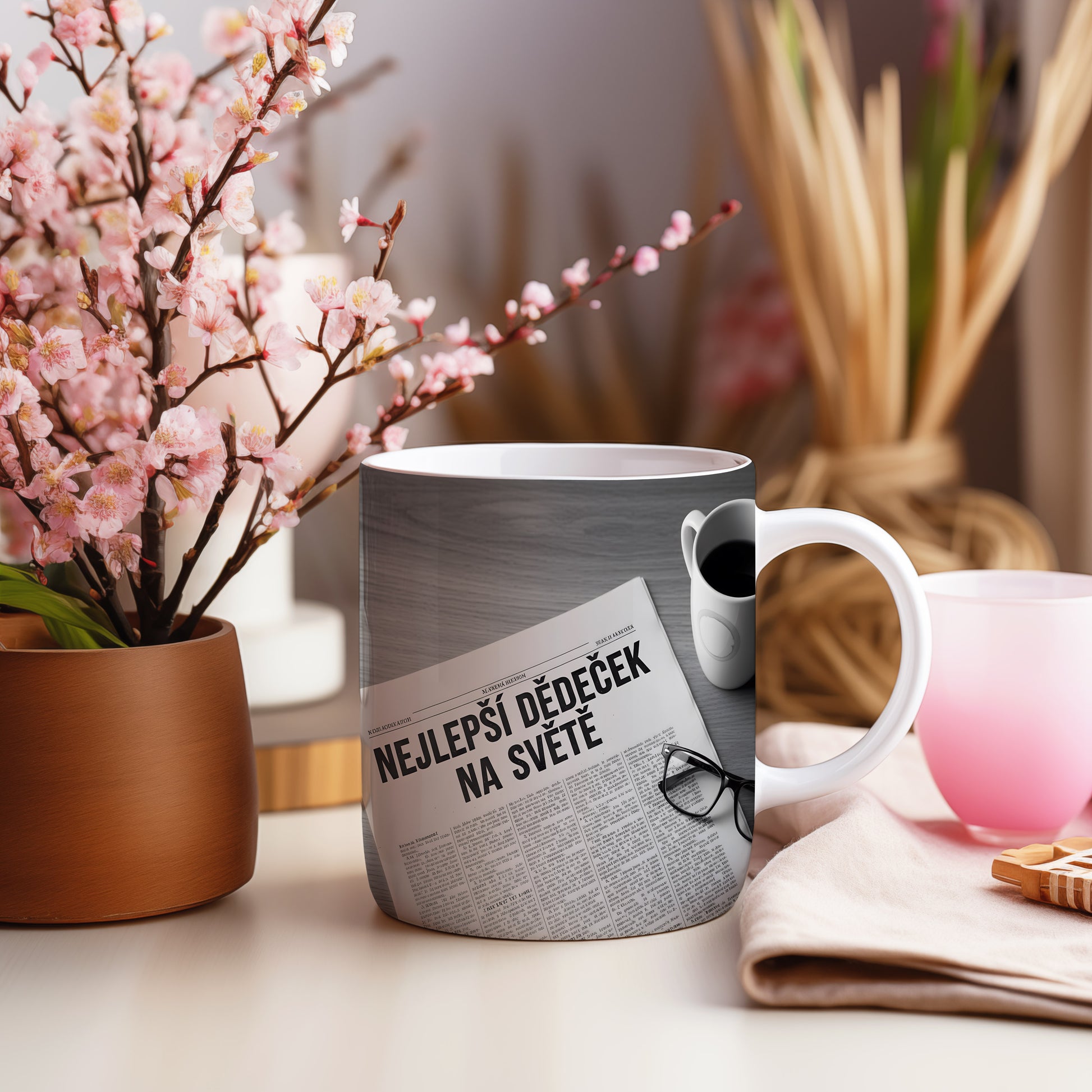 Hrnek s nápisem NEJLEPŠÍ DĚDEČEK NA SVĚTĚ a motivem novin.