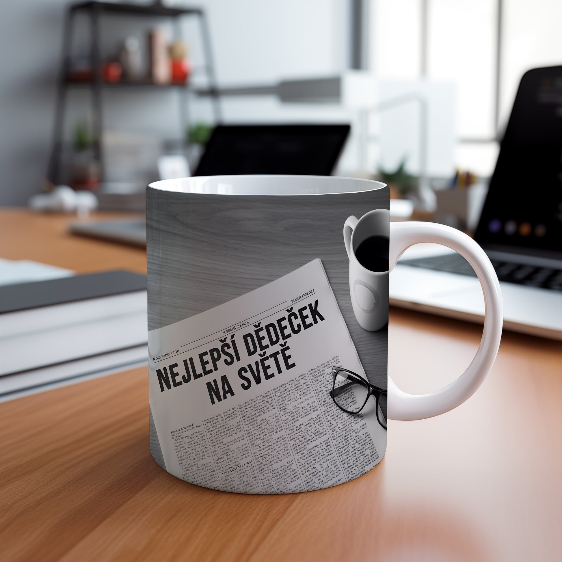 Hrnek s nápisem NEJLEPŠÍ DĚDEČEK NA SVĚTĚ a motivem novin.