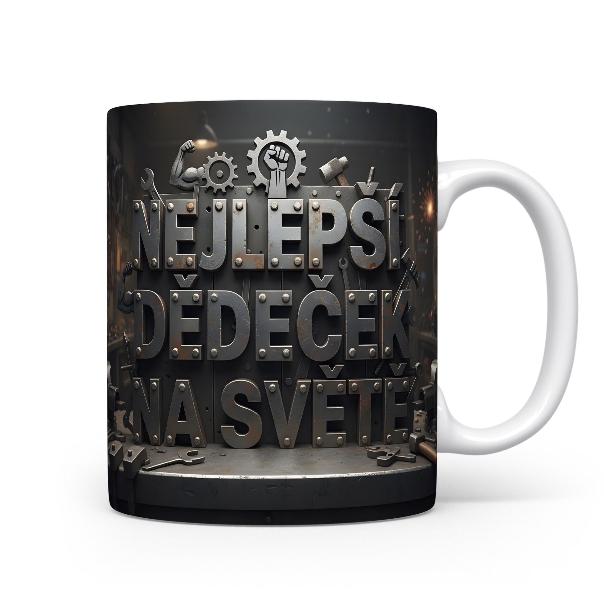 Hrnek s nápisem 'NEJLEPŠÍ DĚDEČEK NA SVĚTĚ' a kovovým industriálním motivem.