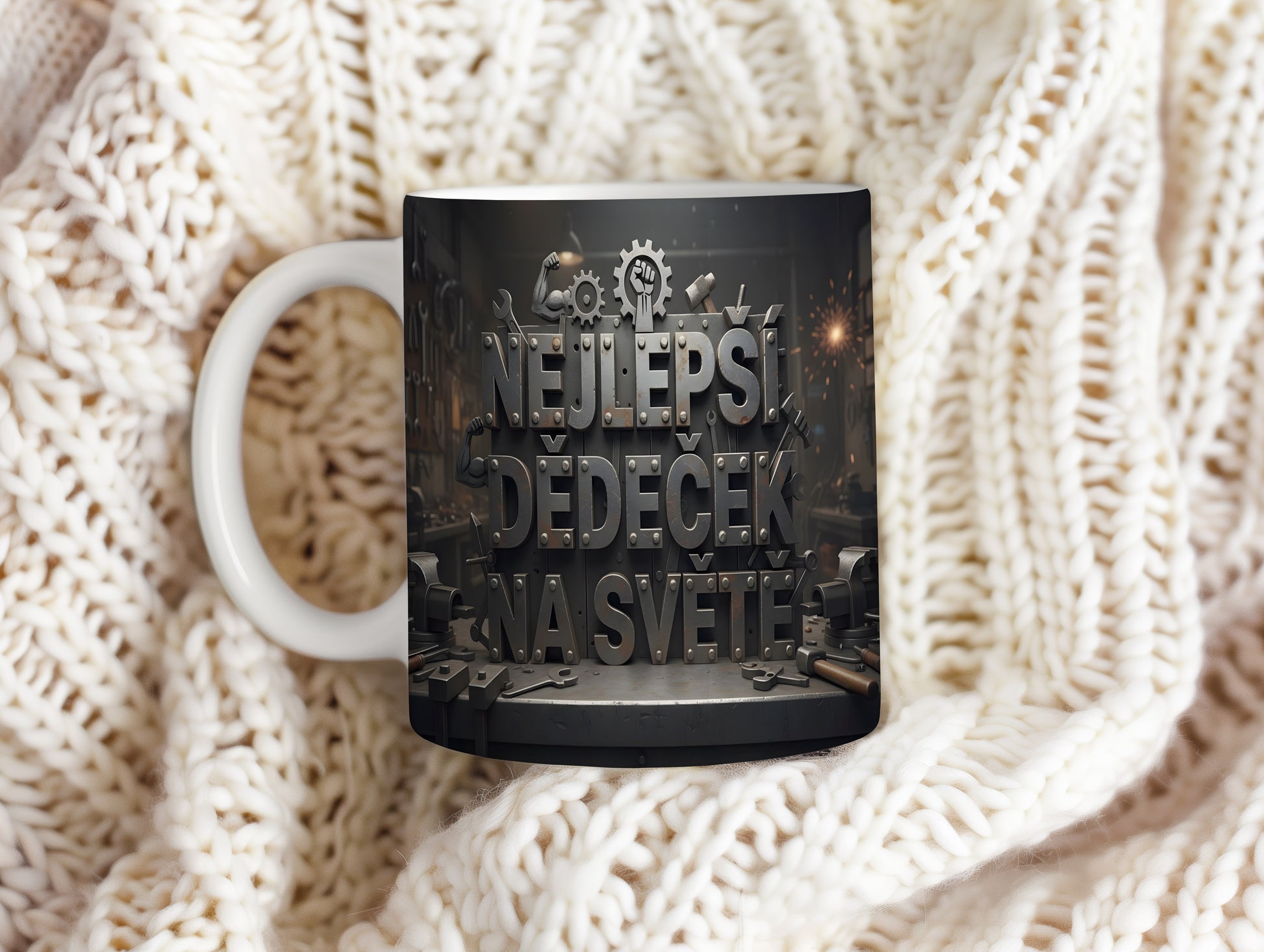 Hrnek s nápisem 'NEJLEPŠÍ DĚDEČEK NA SVĚTĚ' a kovovým industriálním motivem.