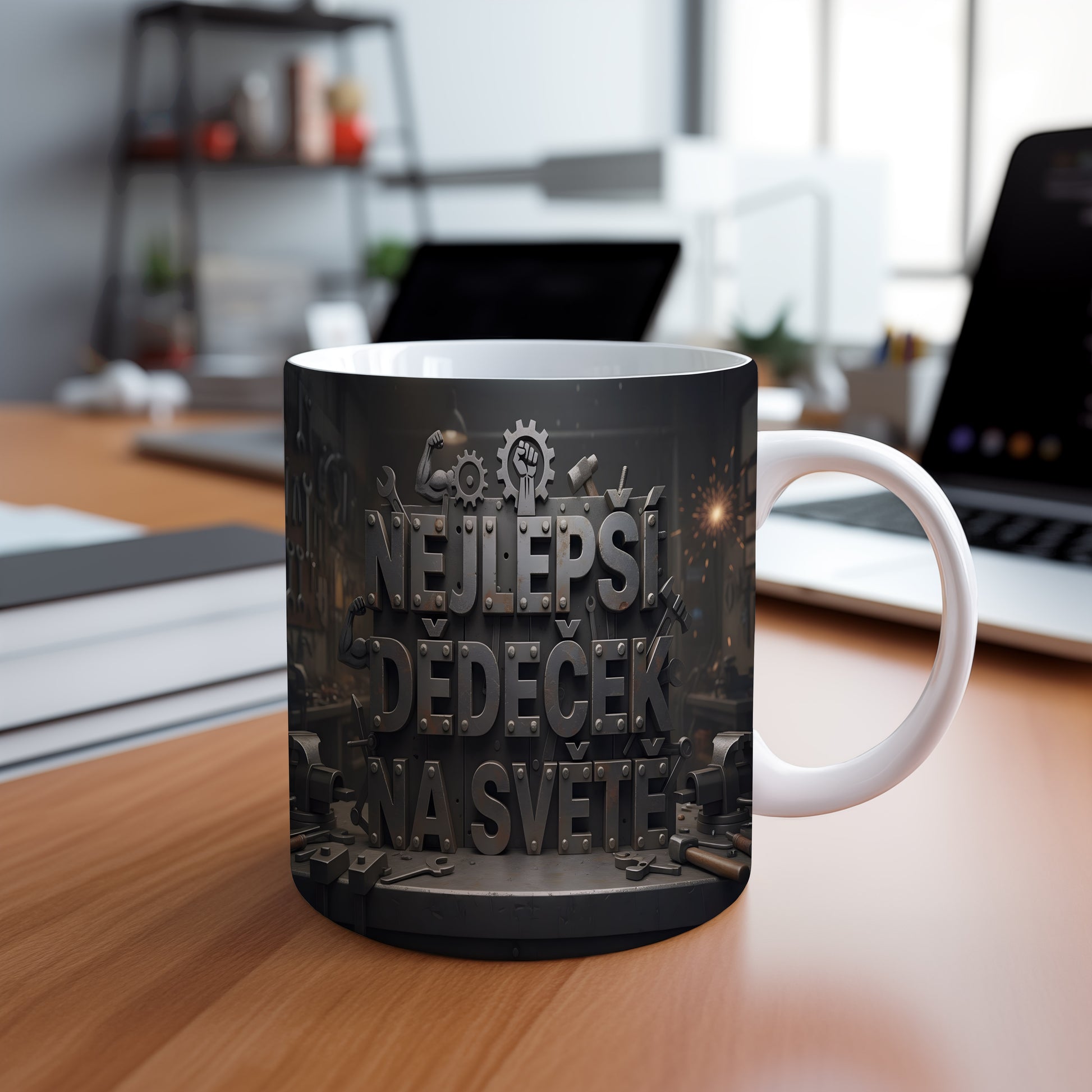 Hrnek s nápisem 'NEJLEPŠÍ DĚDEČEK NA SVĚTĚ' a kovovým industriálním motivem.