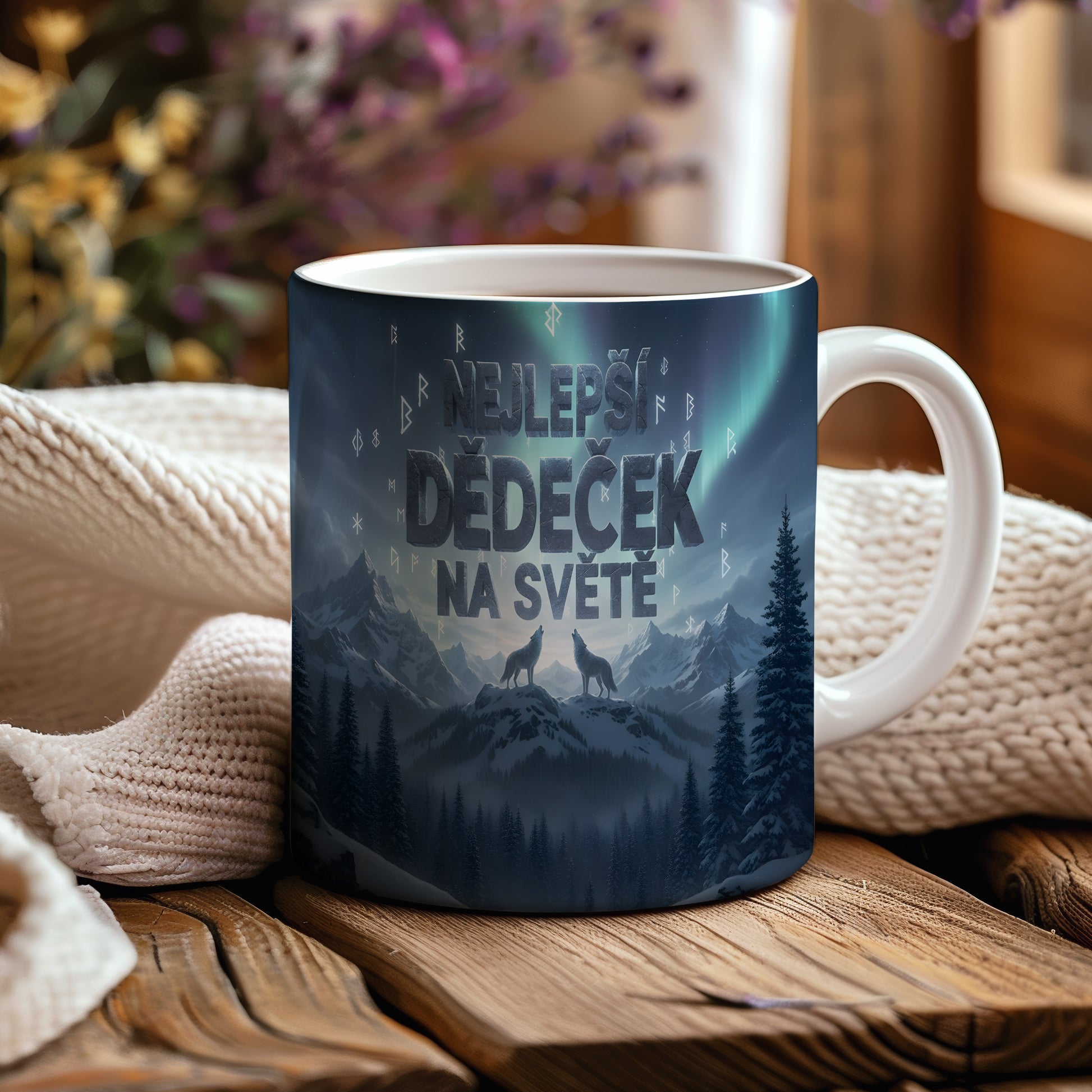 Hrnek s motivem vlků a hor, text NEJLEPŠÍ DĚDEČEK NA SVĚTĚ.