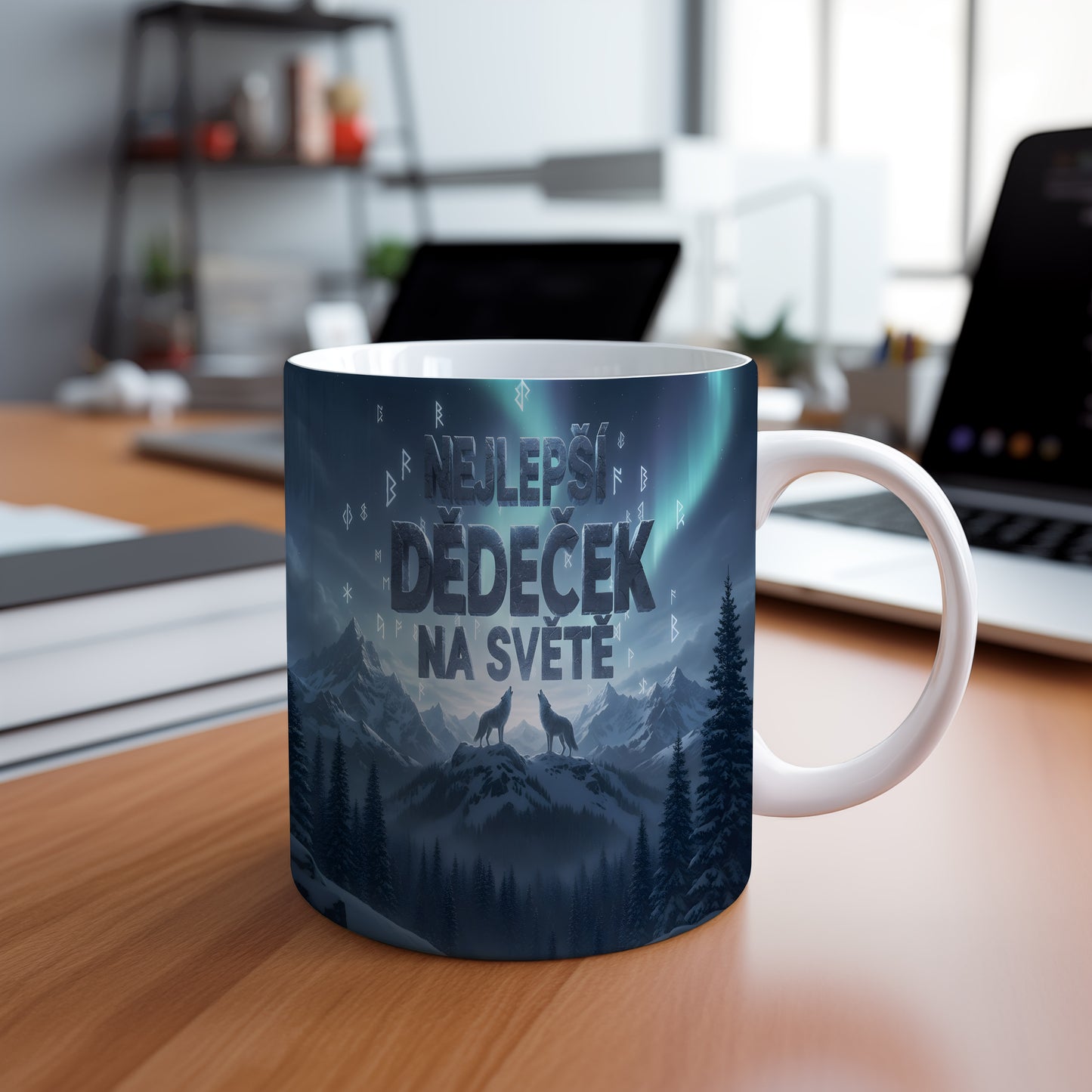 Hrnek s motivem vlků a hor, text NEJLEPŠÍ DĚDEČEK NA SVĚTĚ.