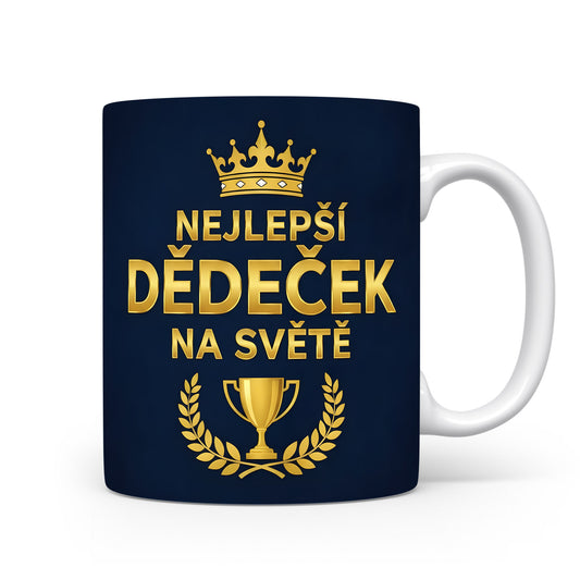 Tmavě modrý hrnek se zlatým nápisem NEJLEPŠÍ DĚDEČEK NA SVĚTĚ a motivem koruny.