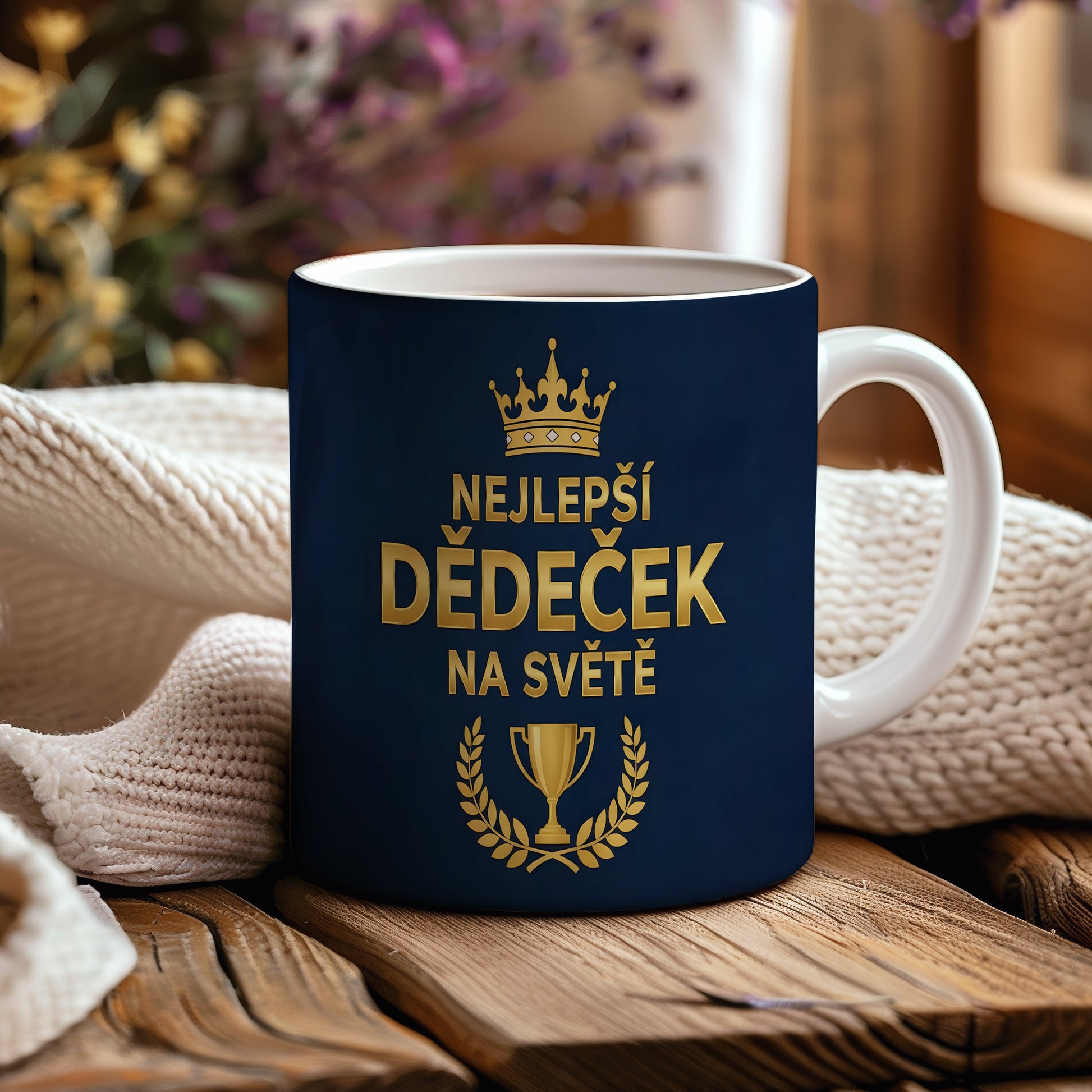 Tmavě modrý hrnek se zlatým nápisem NEJLEPŠÍ DĚDEČEK NA SVĚTĚ a motivem koruny.
