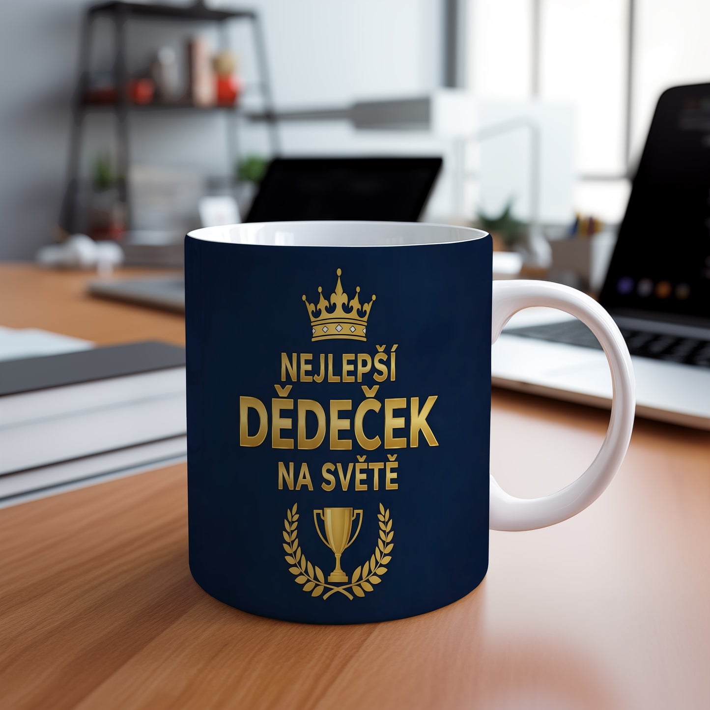Tmavě modrý hrnek se zlatým nápisem NEJLEPŠÍ DĚDEČEK NA SVĚTĚ a motivem koruny.