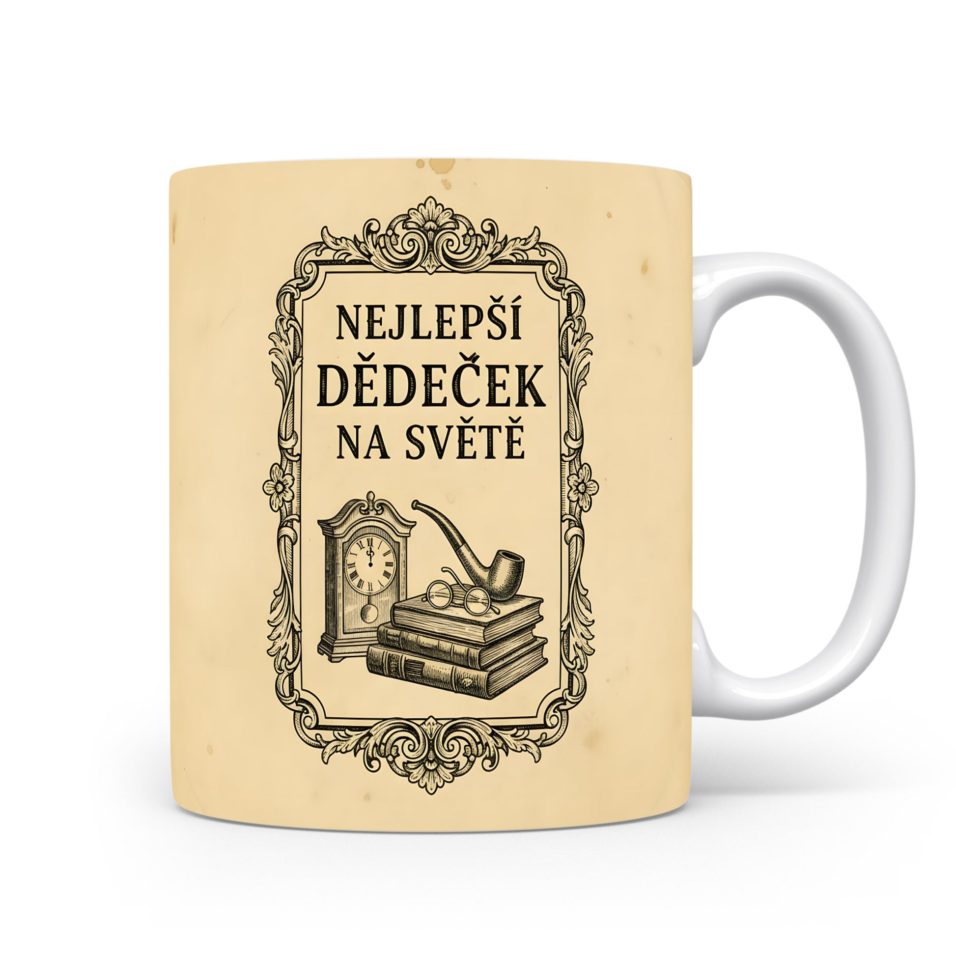 Béžový hrnek s vintage motivem a nápisem 'NEJLEPŠÍ DĚDEČEK NA SVĚTĚ'.