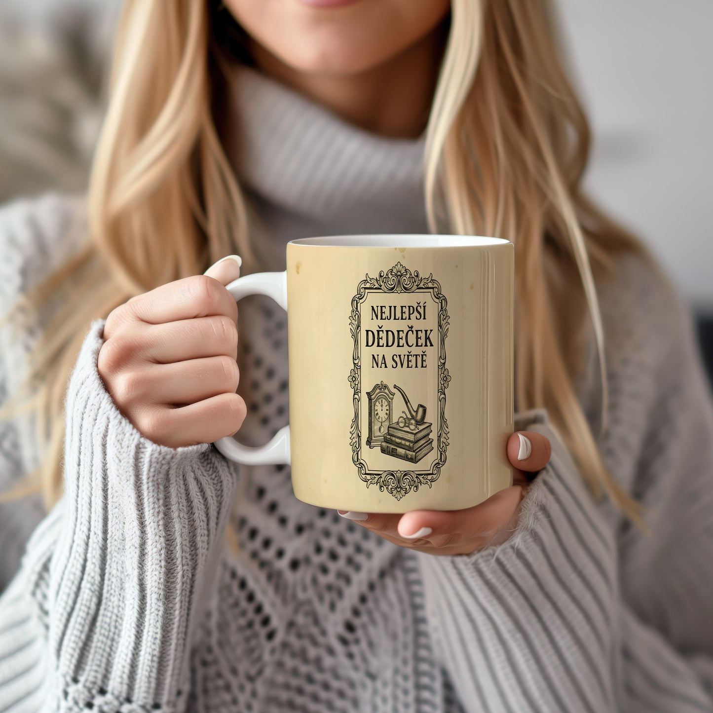 Béžový hrnek s vintage motivem a nápisem 'NEJLEPŠÍ DĚDEČEK NA SVĚTĚ'.