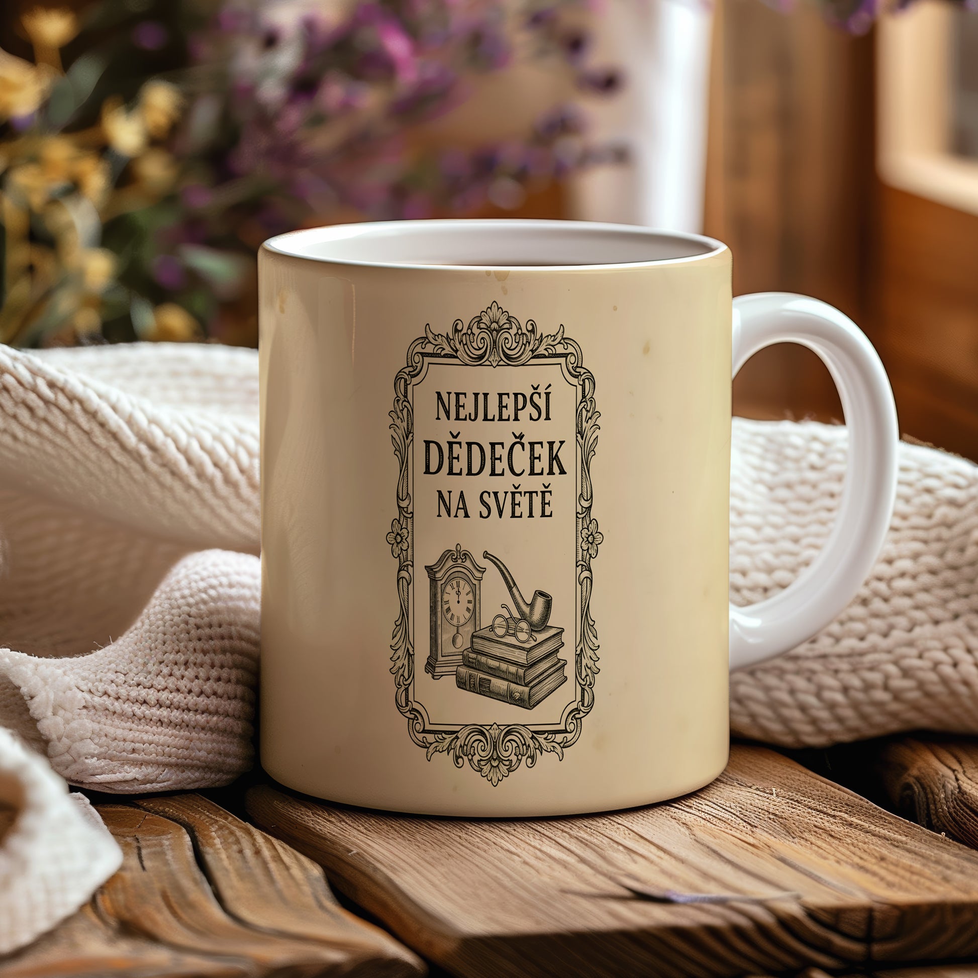 Béžový hrnek s vintage motivem a nápisem 'NEJLEPŠÍ DĚDEČEK NA SVĚTĚ'.