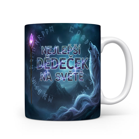 Hrnek s motivem vlka a nápisem NEJLEPŠÍ DĚDEČEK NA SVĚTĚ.