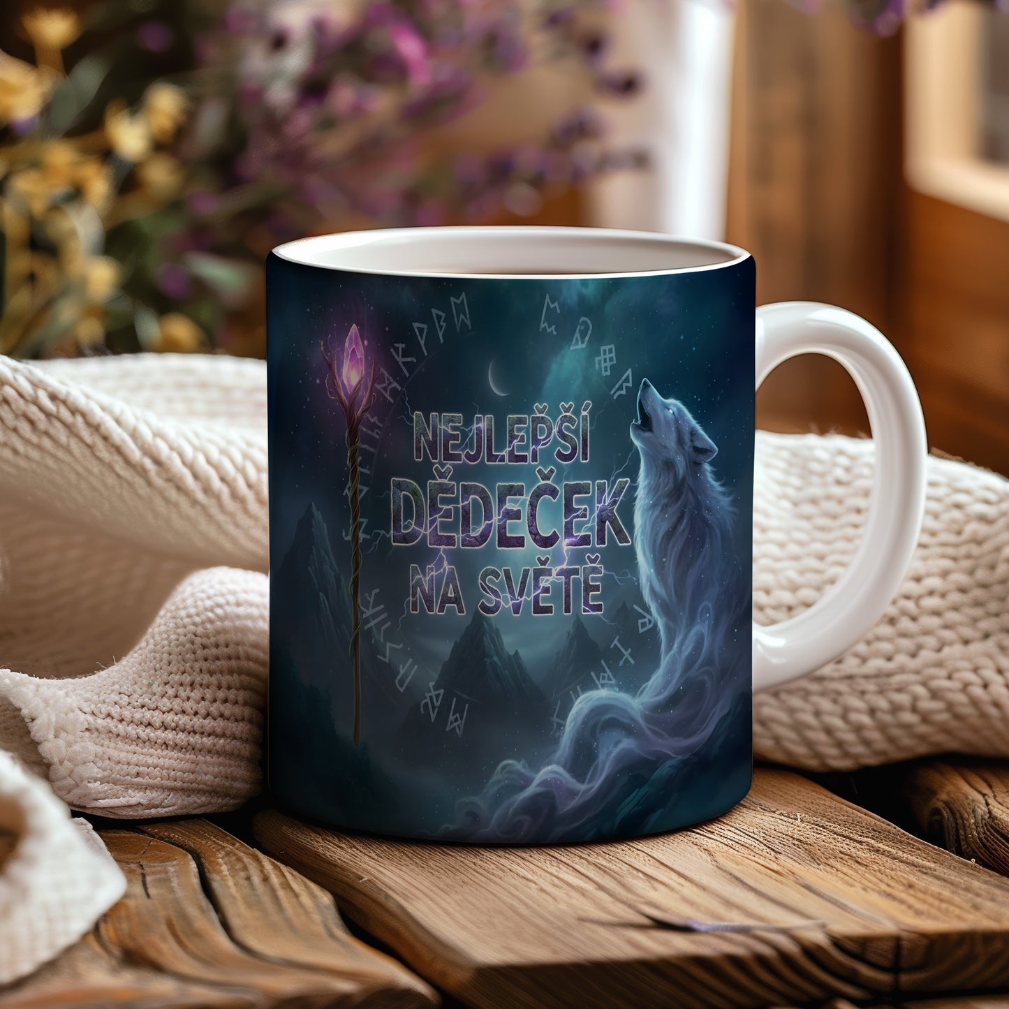 Hrnek s motivem vlka a nápisem NEJLEPŠÍ DĚDEČEK NA SVĚTĚ.