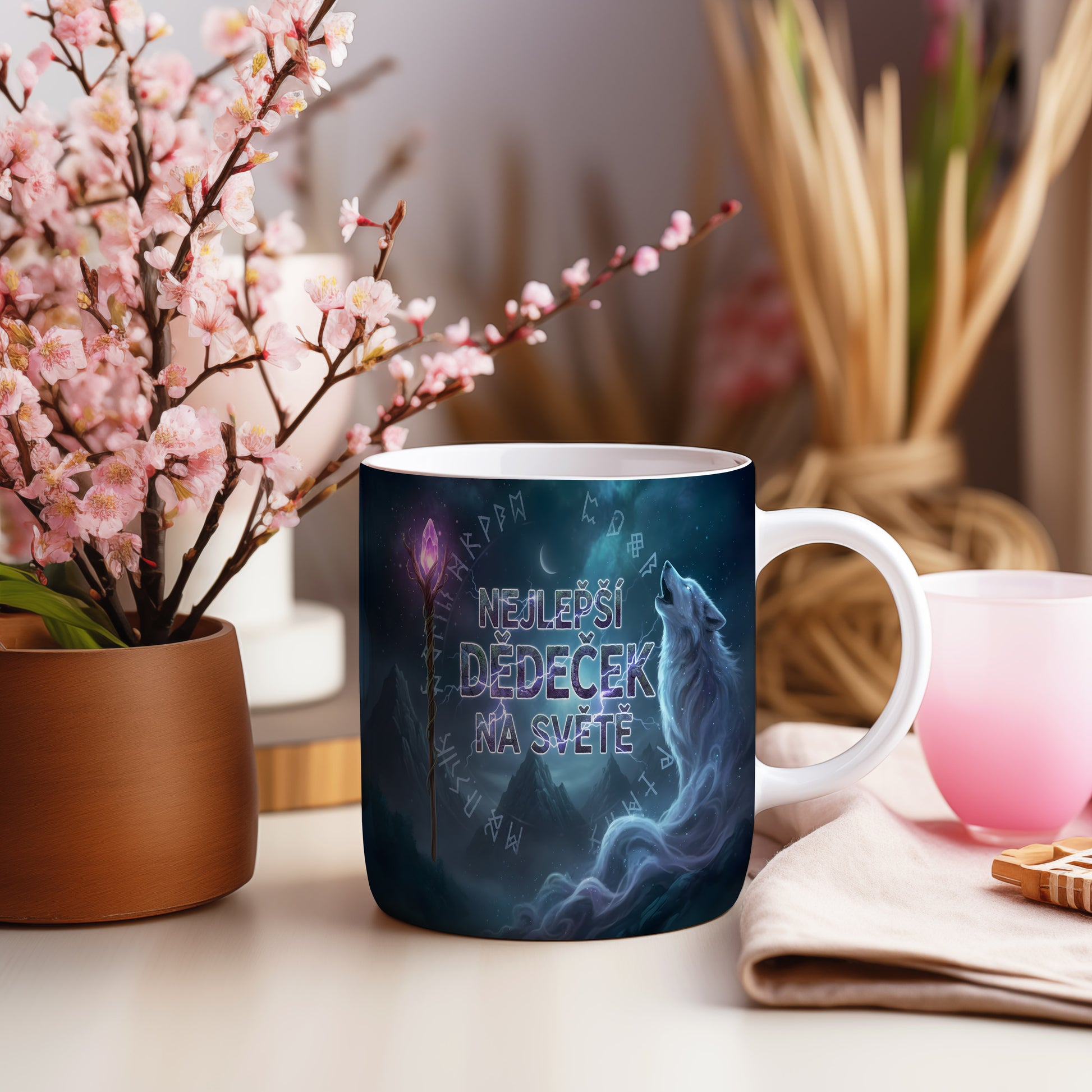 Hrnek s motivem vlka a nápisem NEJLEPŠÍ DĚDEČEK NA SVĚTĚ.